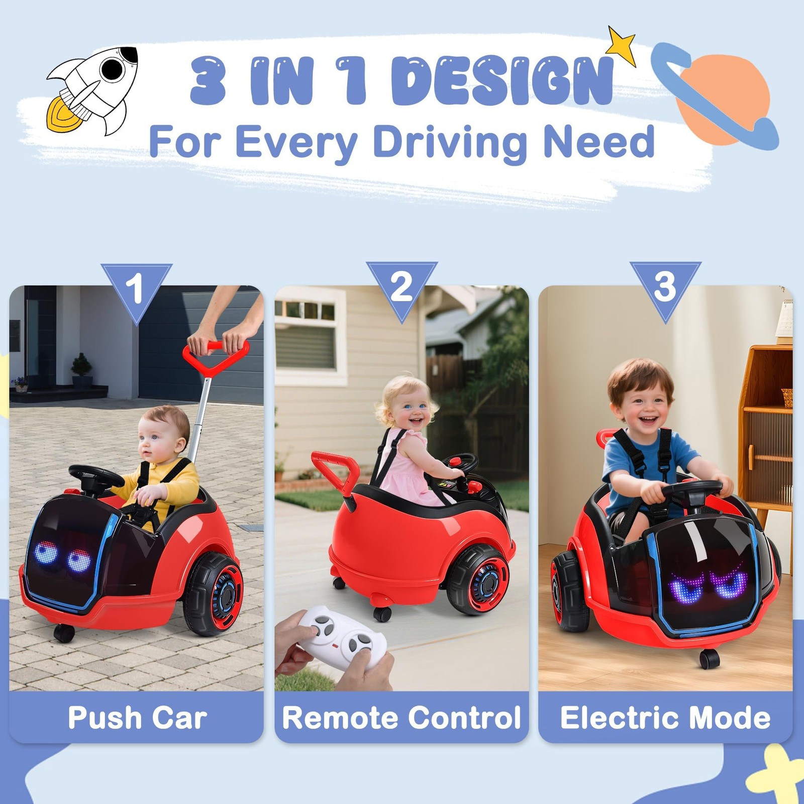 ANPABO 3-in-1 Electric Push Ride On Car, 12V Kids Ride On Toy w/Remote Contro…