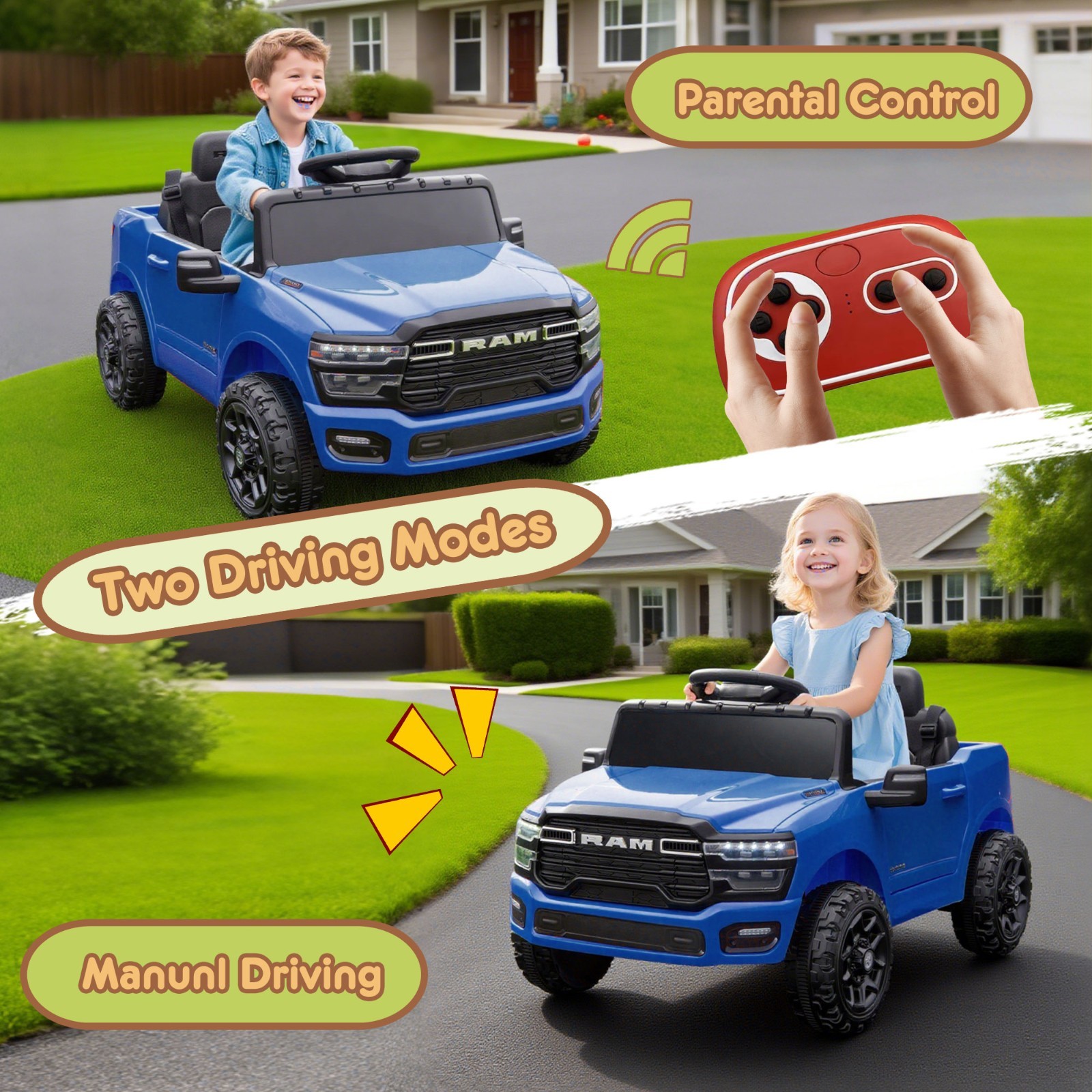 12V Kids Ride on Car Toys,Boys Girls Licensed RAM 3500 Truck w/Remote, Blue