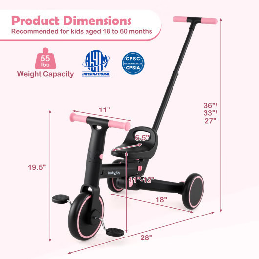 4-in-1 Foldable Toddler Tricycle with Push Handle with Adjustable Seat-Pink – Co