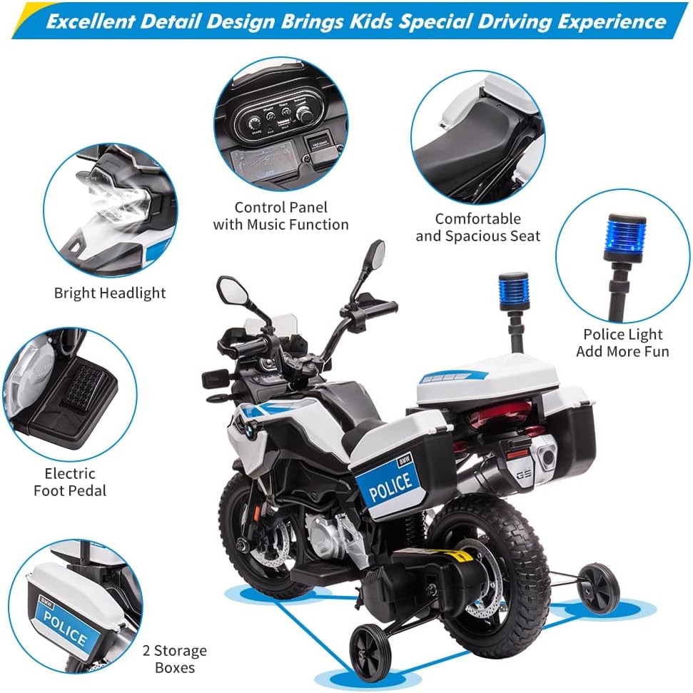 GARVEE 12V Electric BMW Licensed Police Motorcycle Toy for Kids 4-8 – LED Lights
