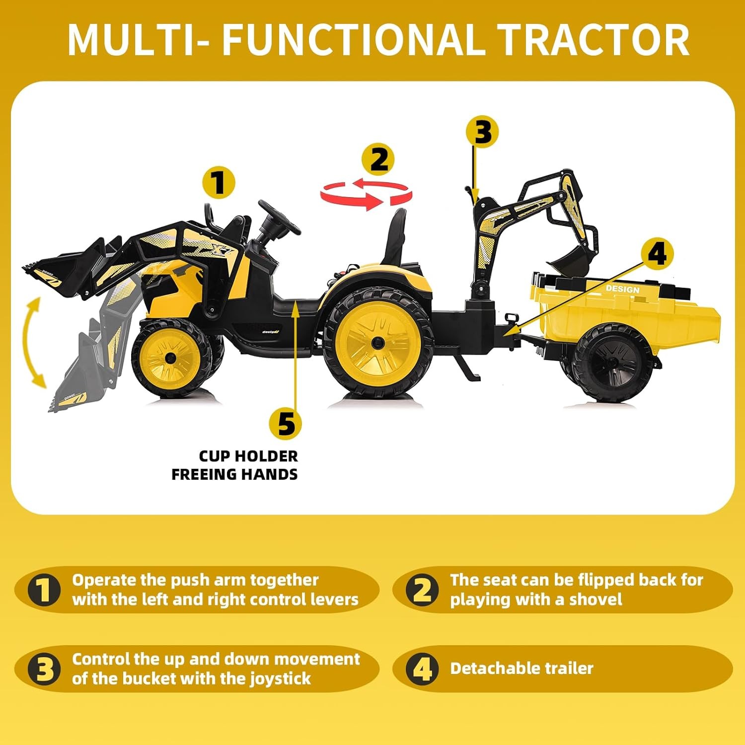 3 in 1 Kids 24V Ride On Tractor Excavator Bulldozer w/ Trailer Remote Control