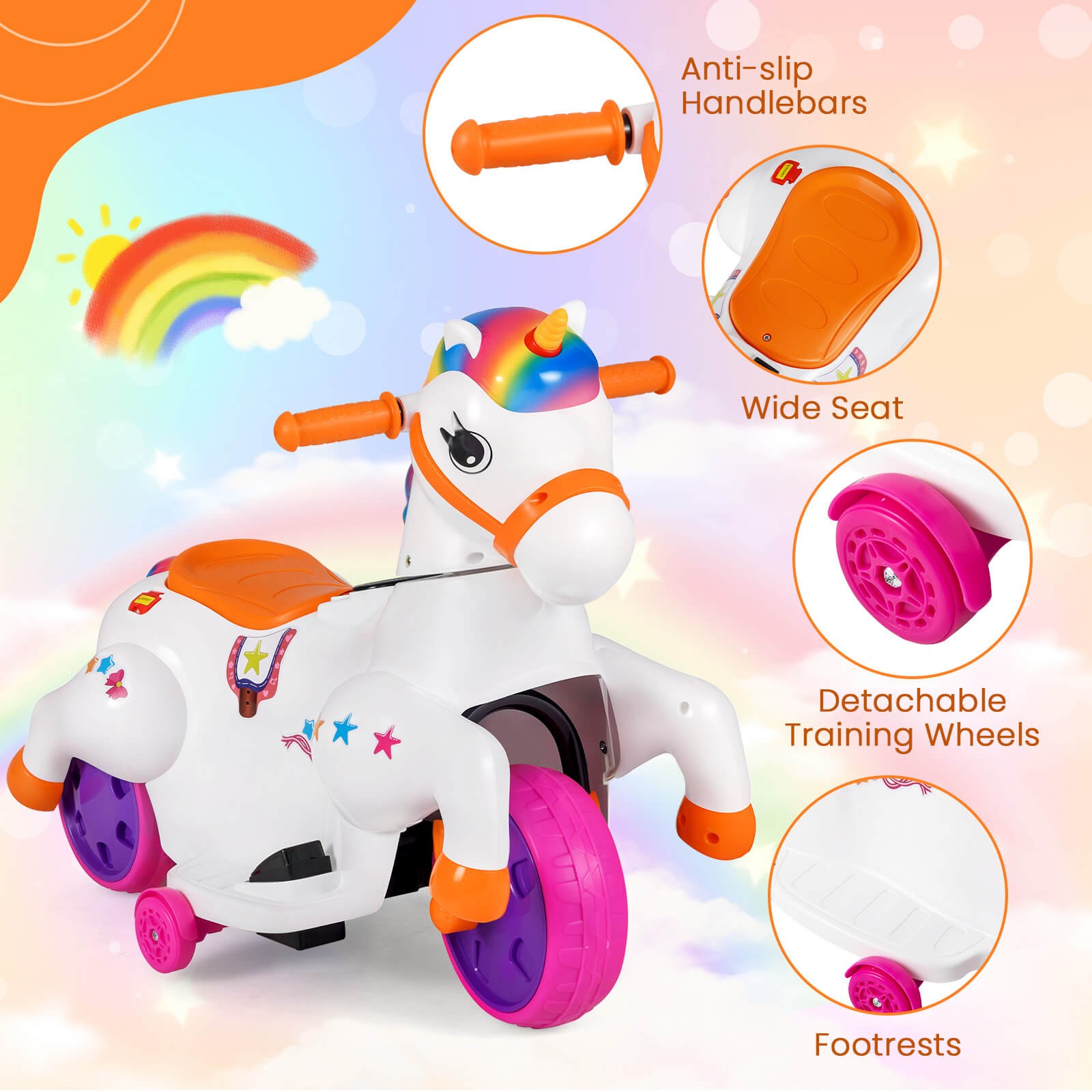 12V Kids Ride on Unicorn Toy w/ Training Wheels Music One-button Start Horse Toy