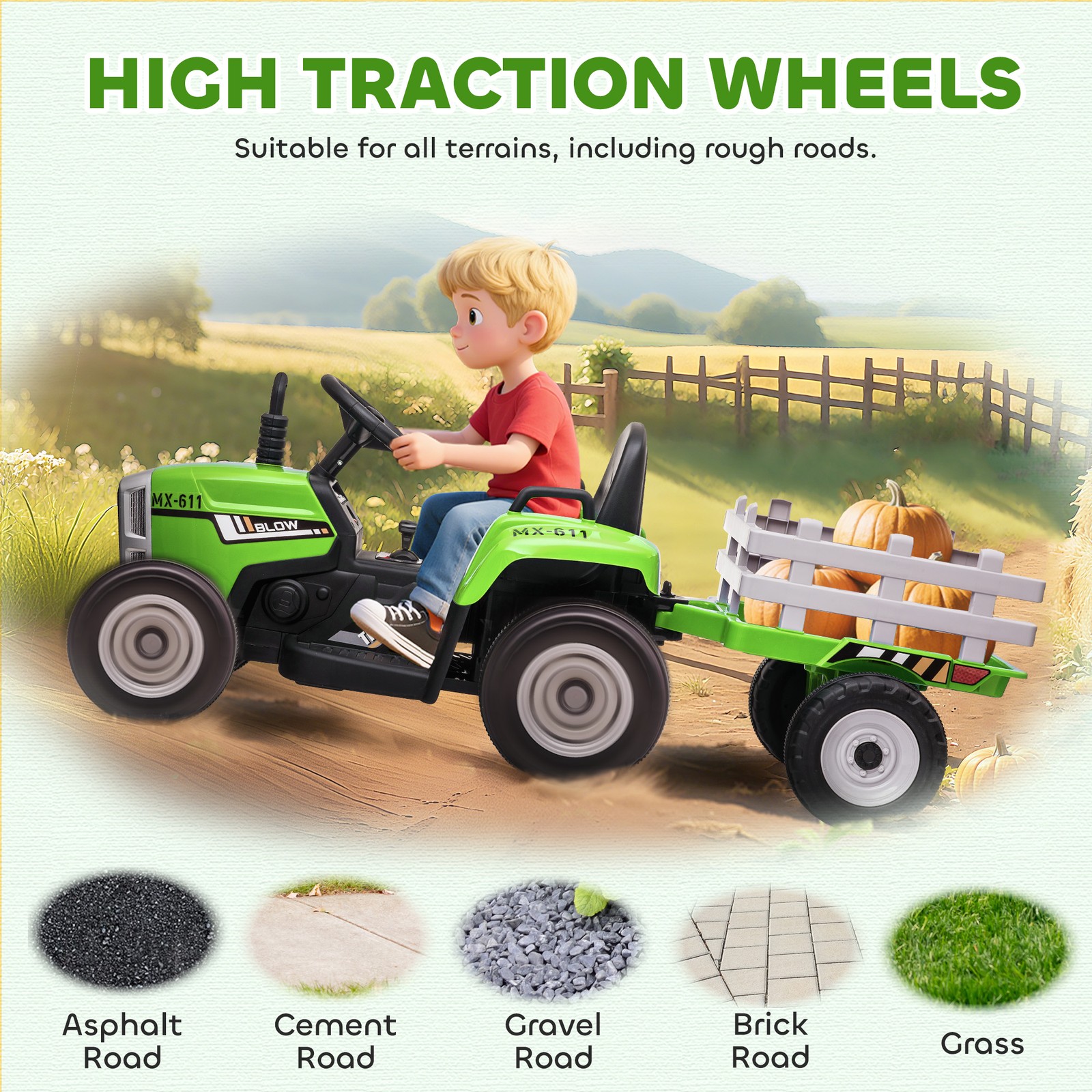 12V Electric Ride on Tractor with Trailer, 25W Dual Motors, Green