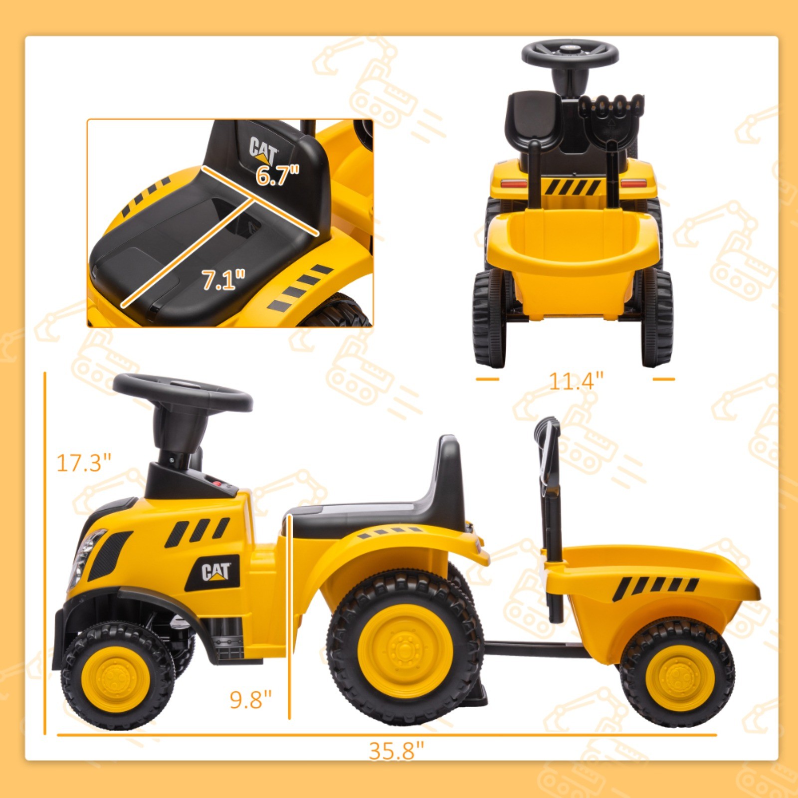 Qaba 2 in 1 Ride on Tractor Excavator Shovel Detachable Trailer 18-36M Yellow