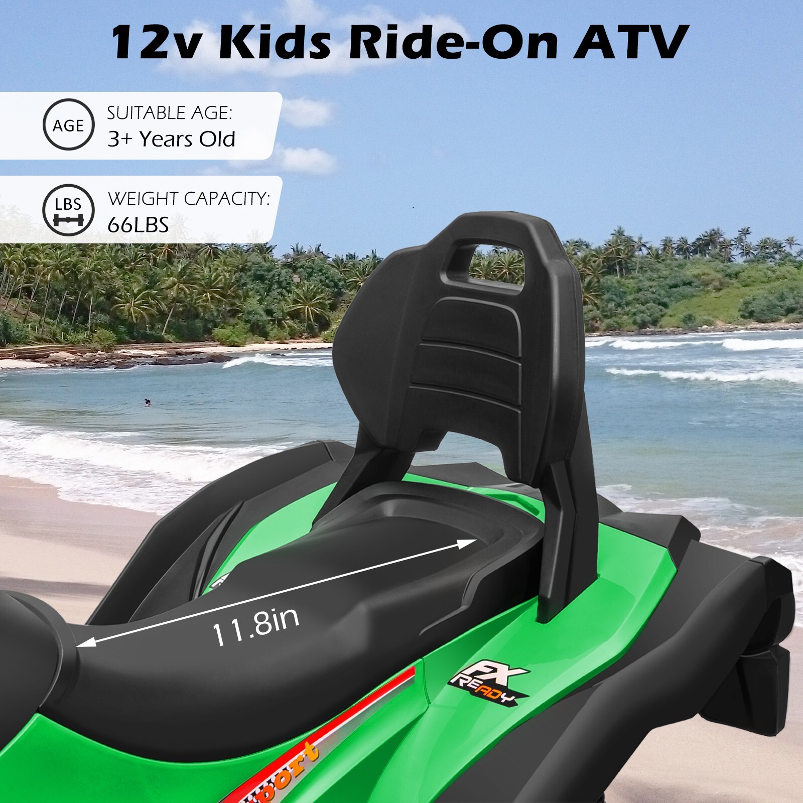 ZEOPHOL 12V Kids Ride-On Electric ATV Off-Road Quad Car Toy 2 Speeds LED Green