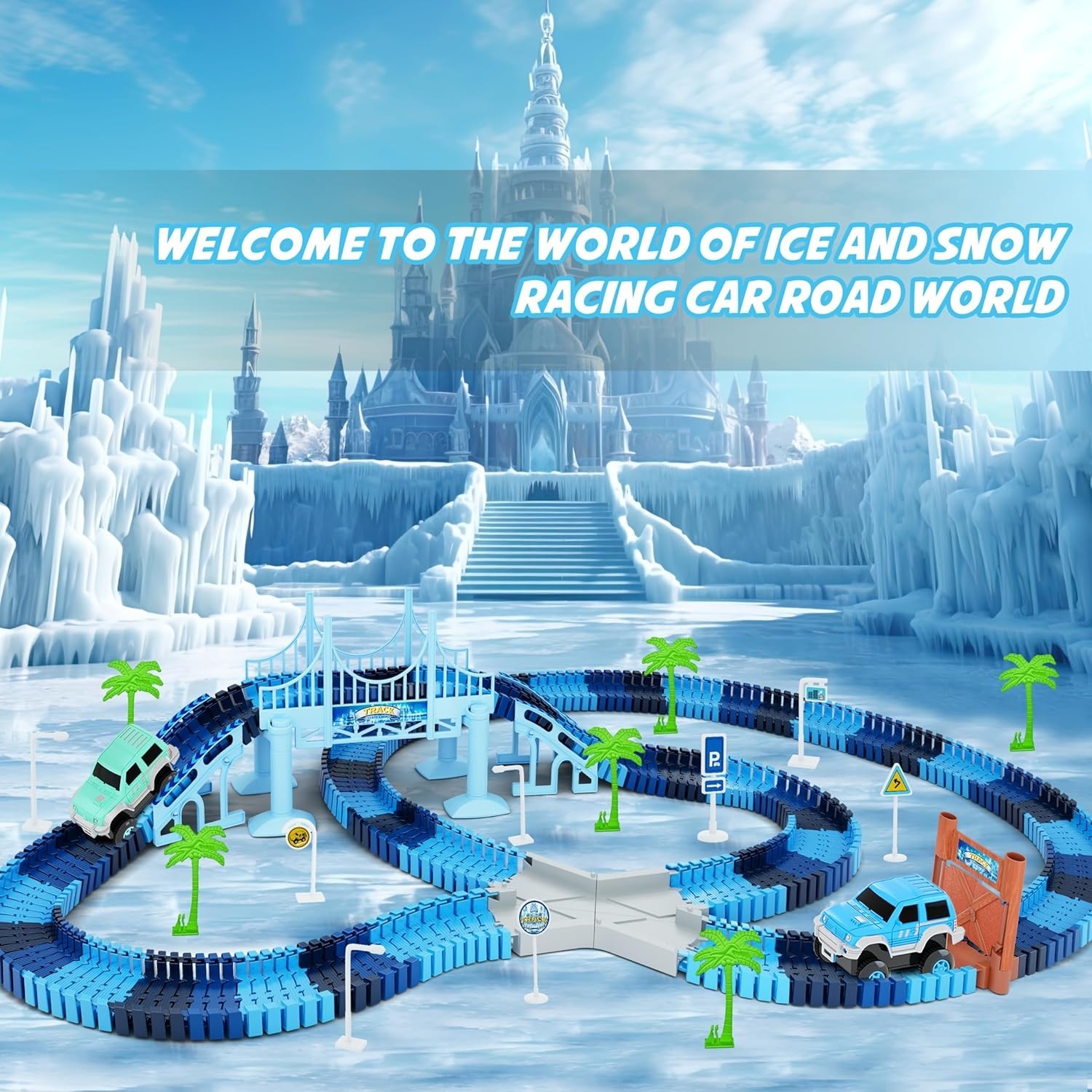 Create Your Frozen World: 269 PCS Race Track Playset & 2 Race Cars for Ages 3-6