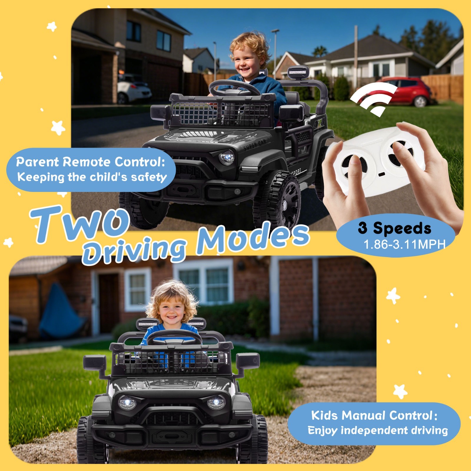 24V Kids Ride on Electric Car w/Remote, Power Wheels Toys for Boys & Girls,Black