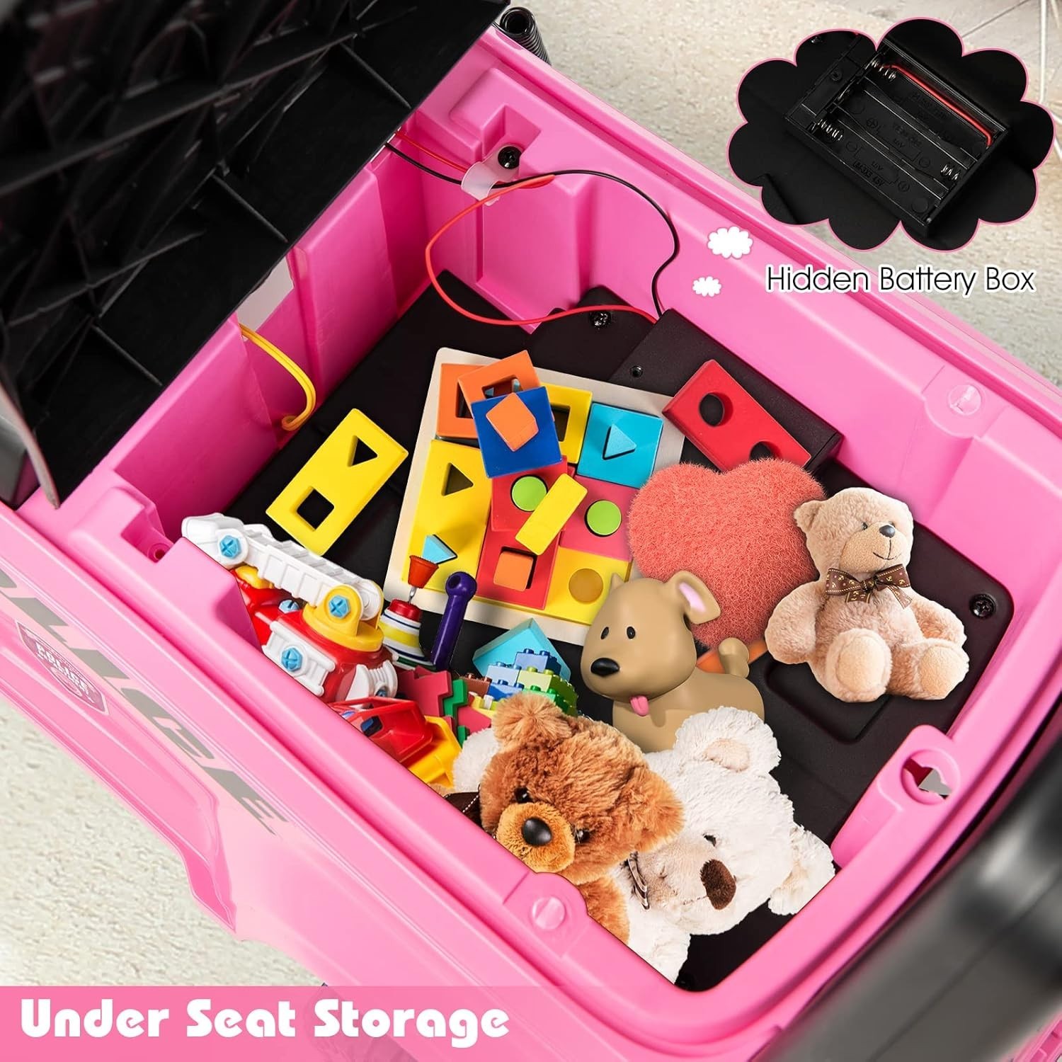 Kids Pink Police Ride On Car: Steering, Siren, Storage, 55lb Max Weight