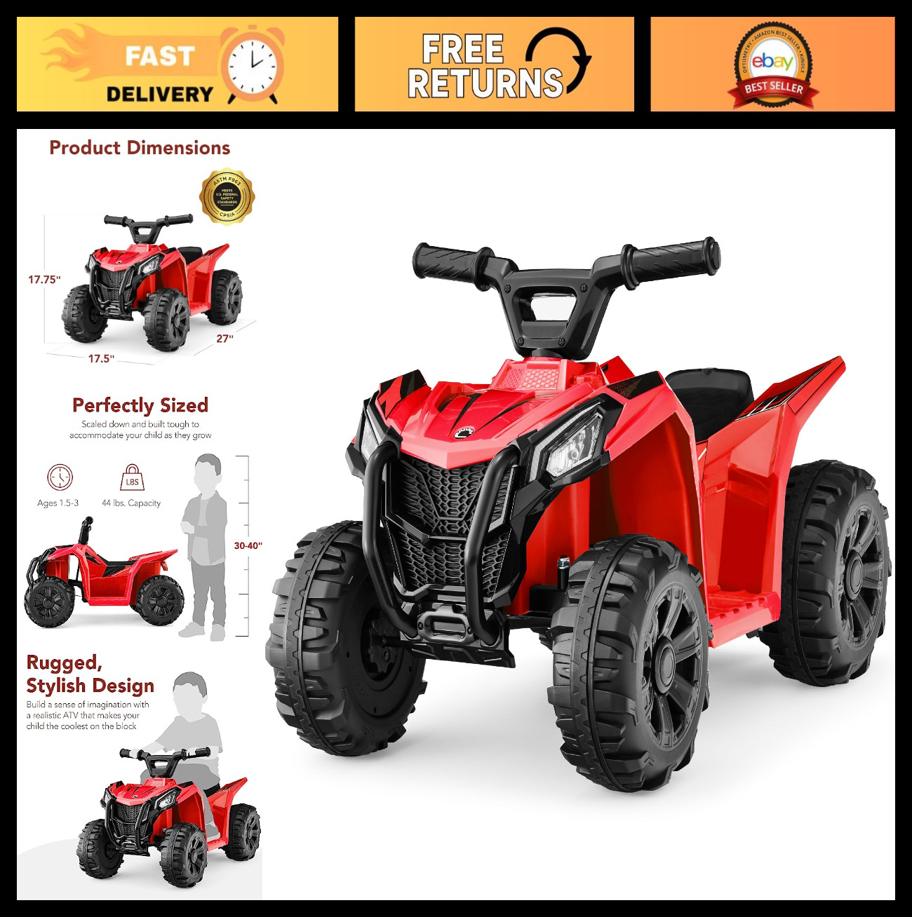 6V Kids Ride On ATV Quad 4-Wheeler Toy Car, 1.8MPH, Treaded Tires, Rubber Handle