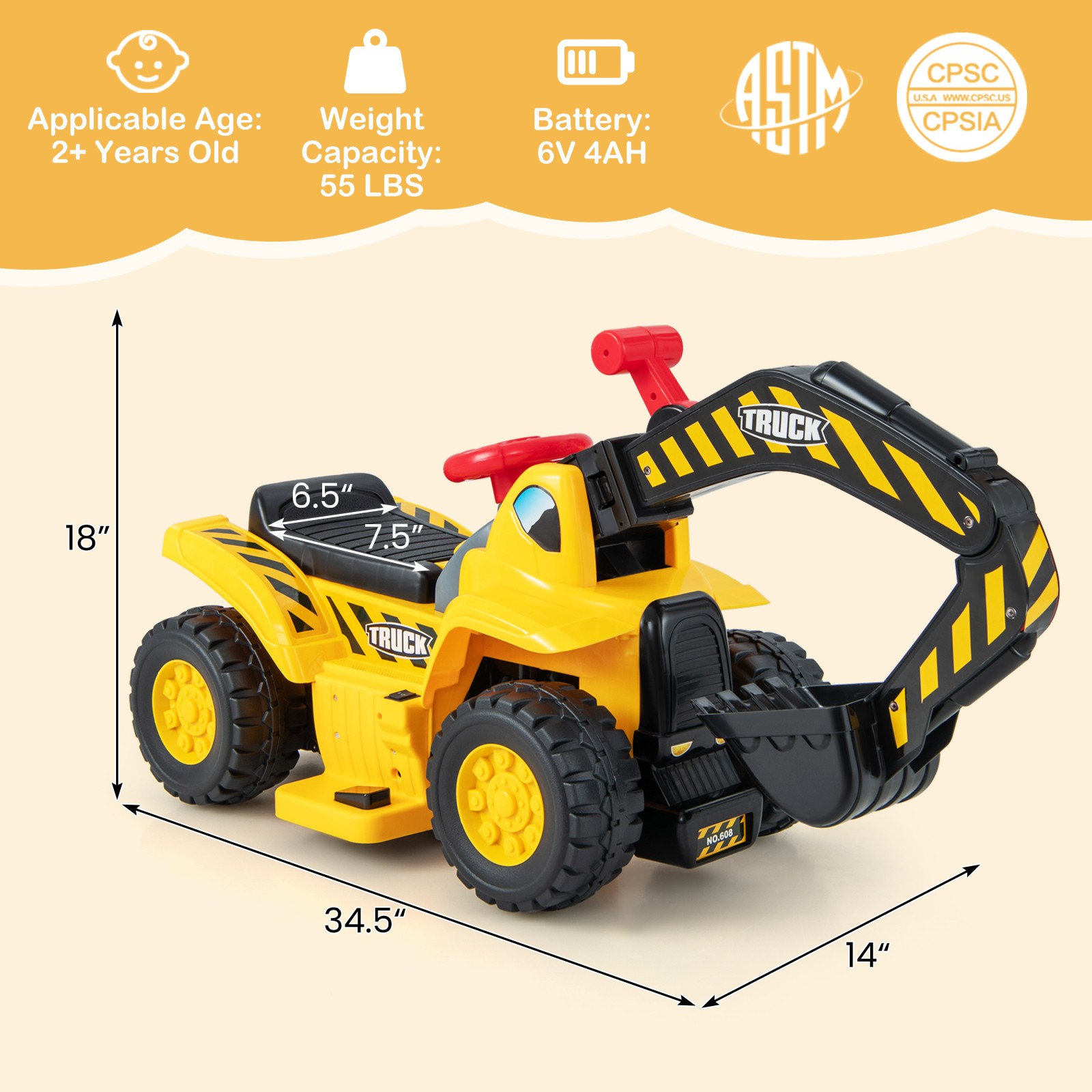6V Electric Kids Ride On Excavator Pretend Play Toy Tractor w/ Basketball Hoop