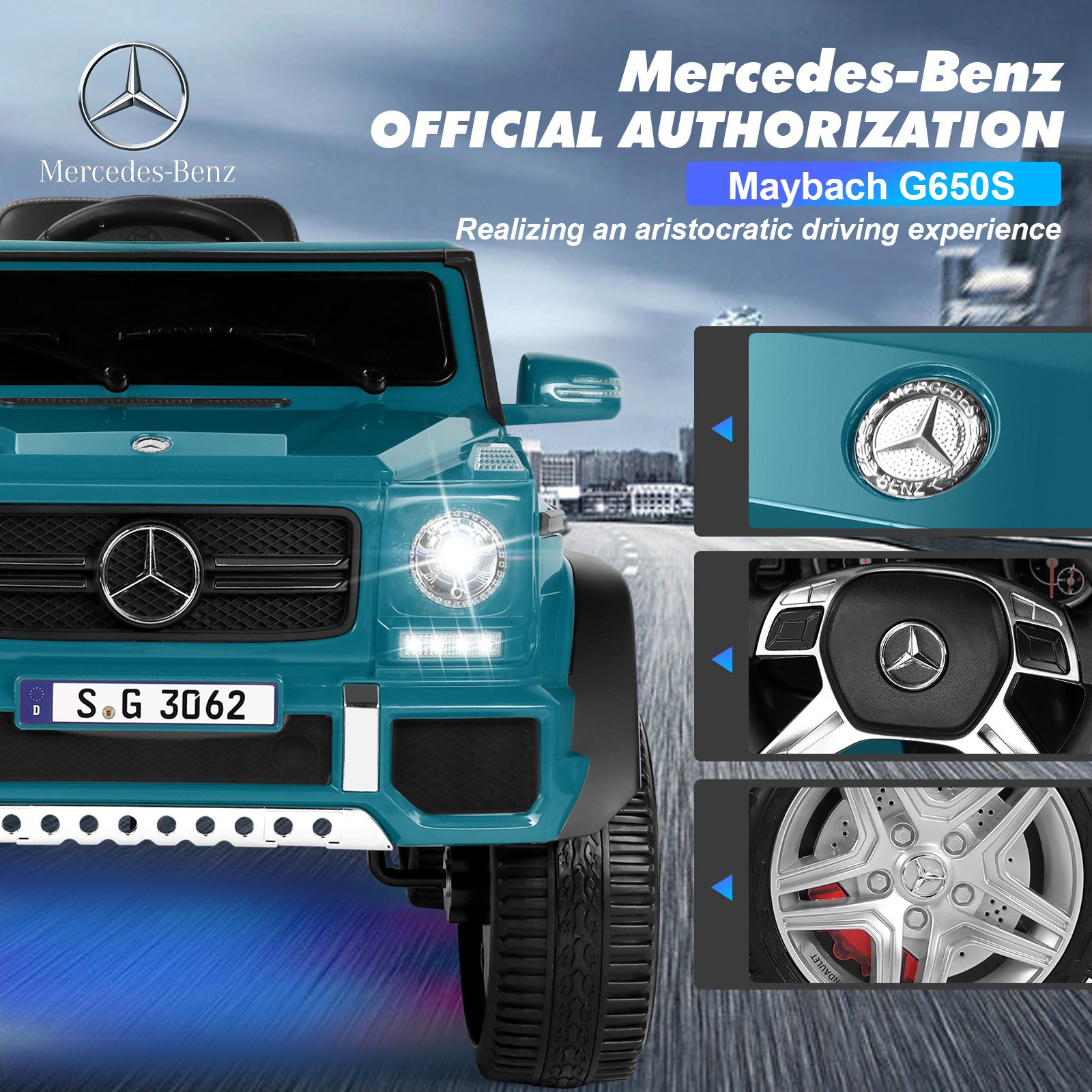 Mercedes-Benz 12V Electric Kids Blue Ride On Car with LED Lights, Music, RC