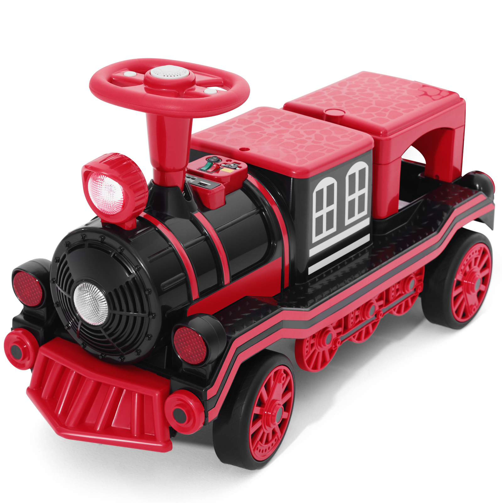 Large 2-Seater Red 12V Battery Kids Ride On Train w/2 Speed,Music,Lights,Storage