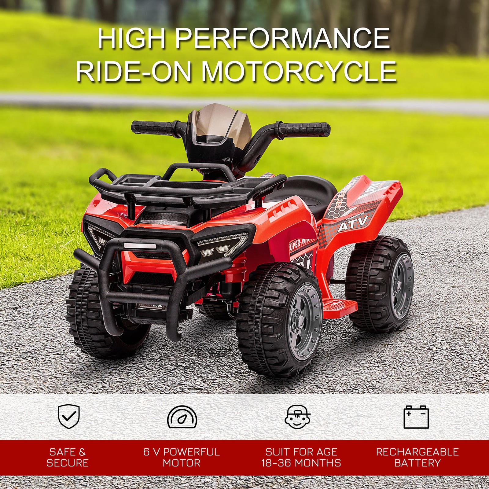 Kids 6V Battery Powered Ride On Car Quad Four Wheeler ATV Toy with Music Red