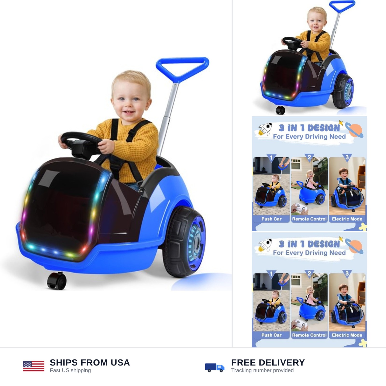 ANPABO 3-in-1 Electric Push Ride On Car, 12V Kids Ride On Toy w/Remote Contro…
