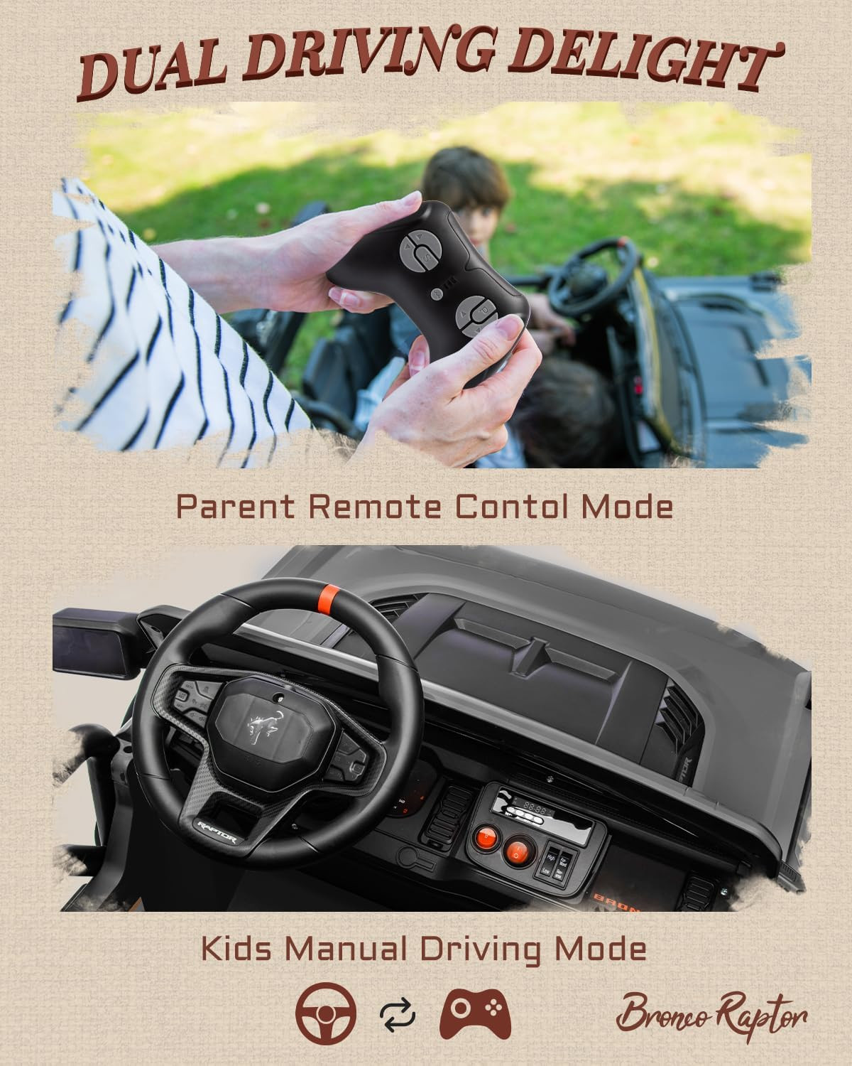 24V Ride on Toys for Big Kids, Licensed Ford Bronco Raptor Electric Car 2 Seater