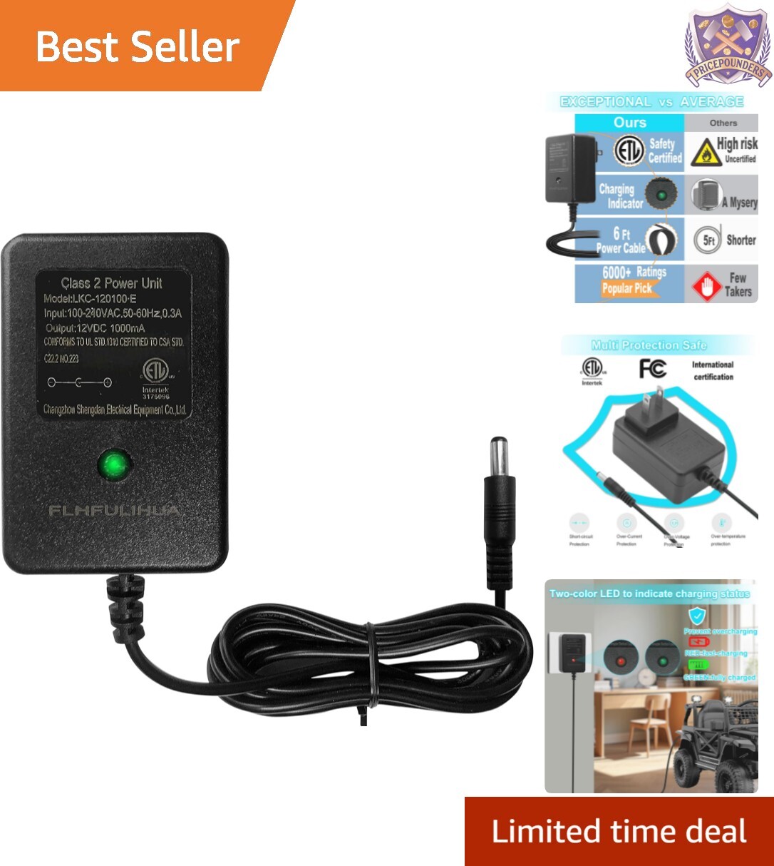 Universal 12V Battery Charger for Kids’ Ride-On Toys with LED Indicator Lights