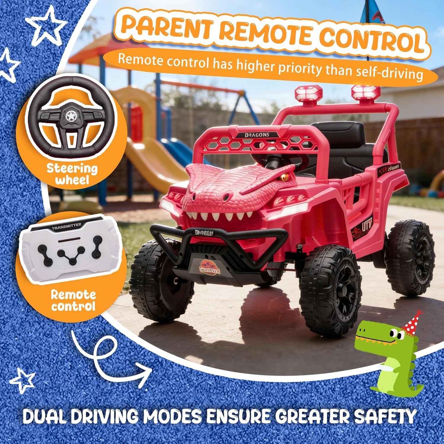 12V Dinosaur Ride On UTV Kids Electric Vehicle with Parent Control 3 Speeds 6…