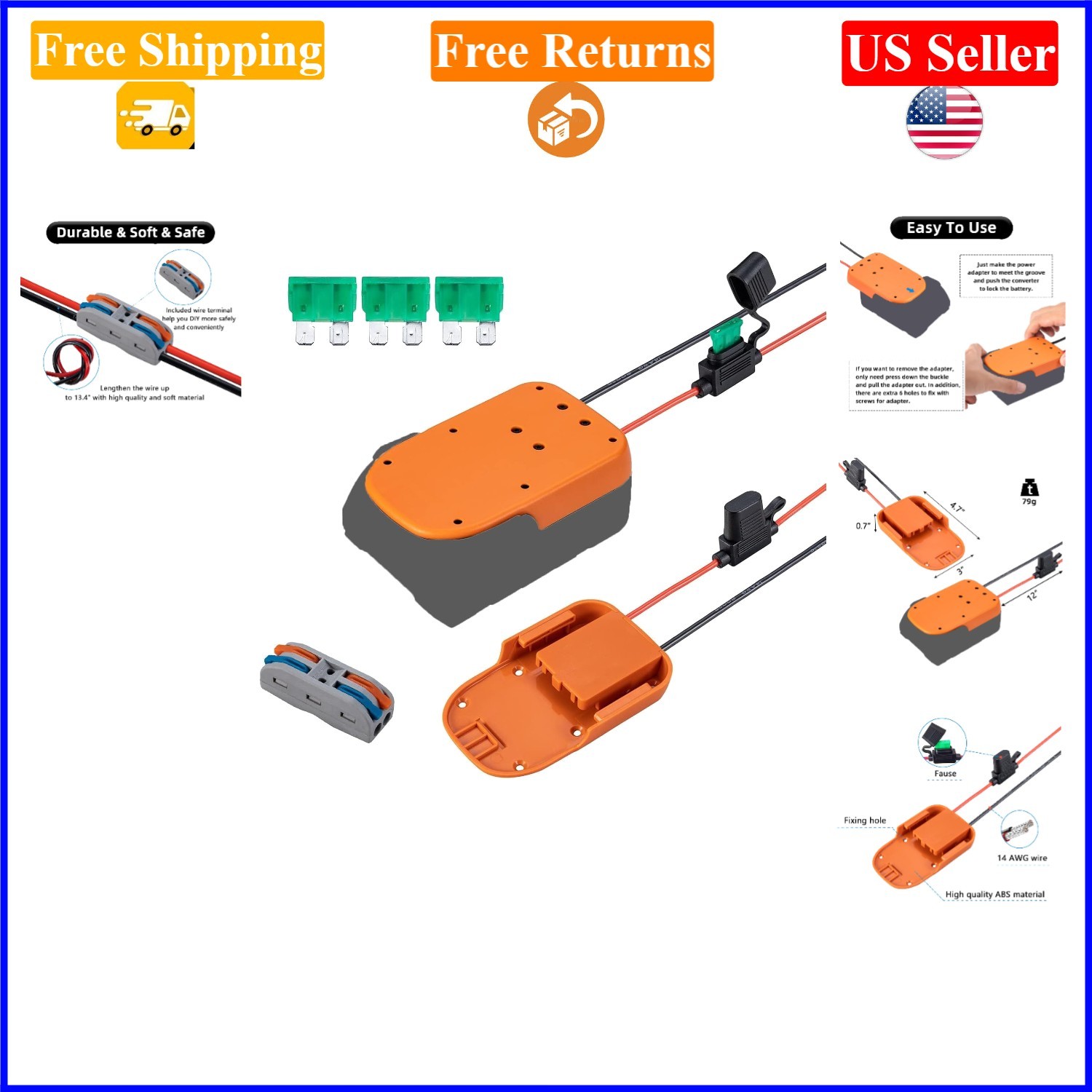 Power Wheels Battery Adapter for Ridgid 18V Batteries, Orange, 14 AWG
