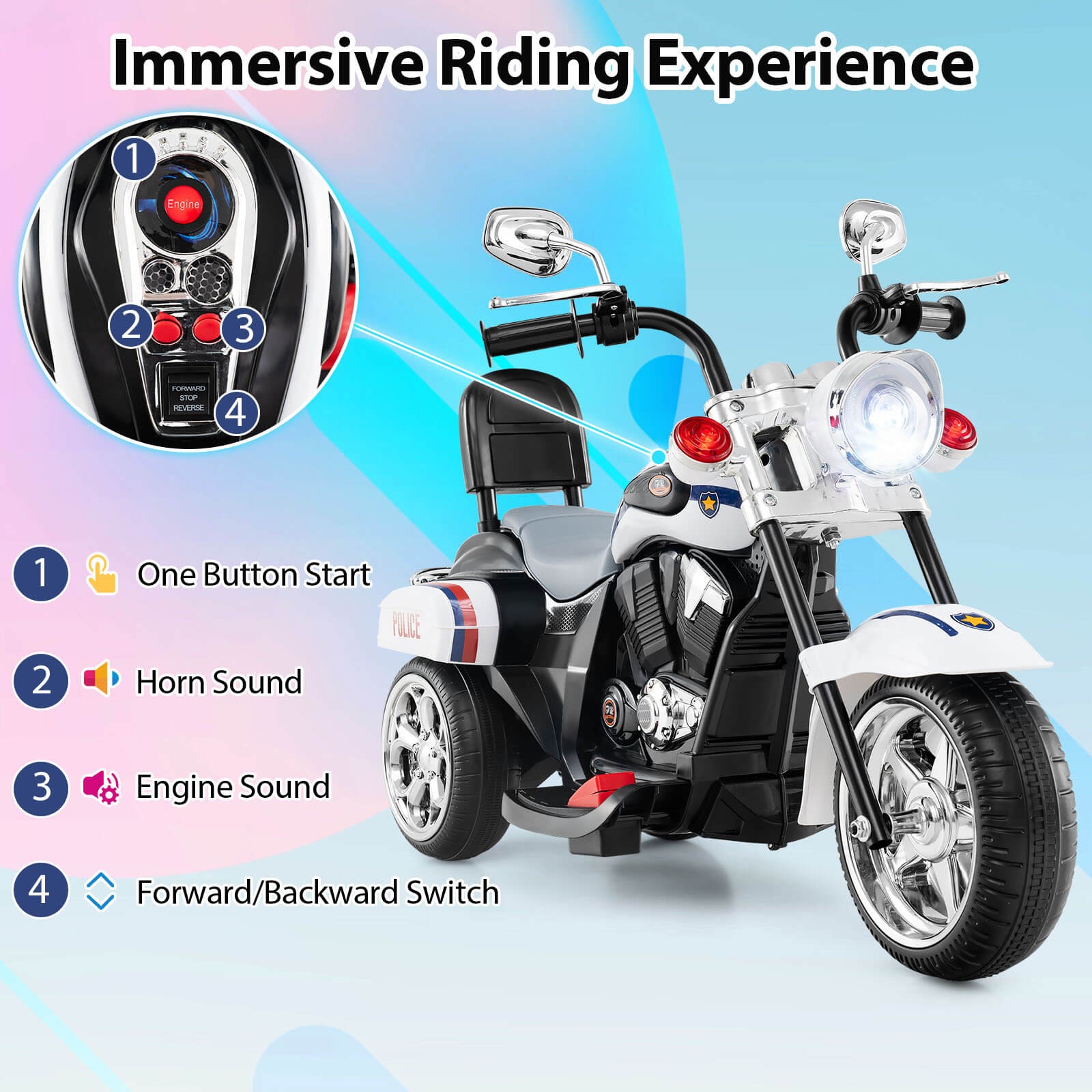 6V Kids Ride On Chopper Motorcycle 3 Wheel Trike with Headlight and Horn