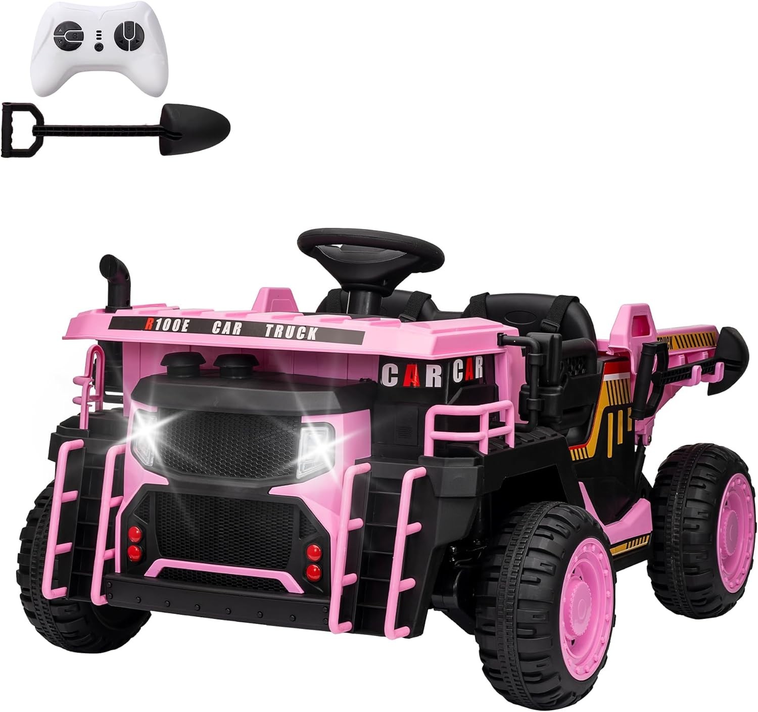 24V Kids Dump Truck, 4.4MPH 4WD + Remote Shock Absorption & LED Lights, 2 Seater