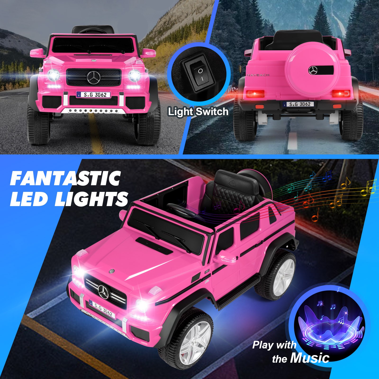 JOYLDIAS Electric 12V Kids Ride On Mercedes-Benz Car w/3 Speeds,LED,Remote,Pink