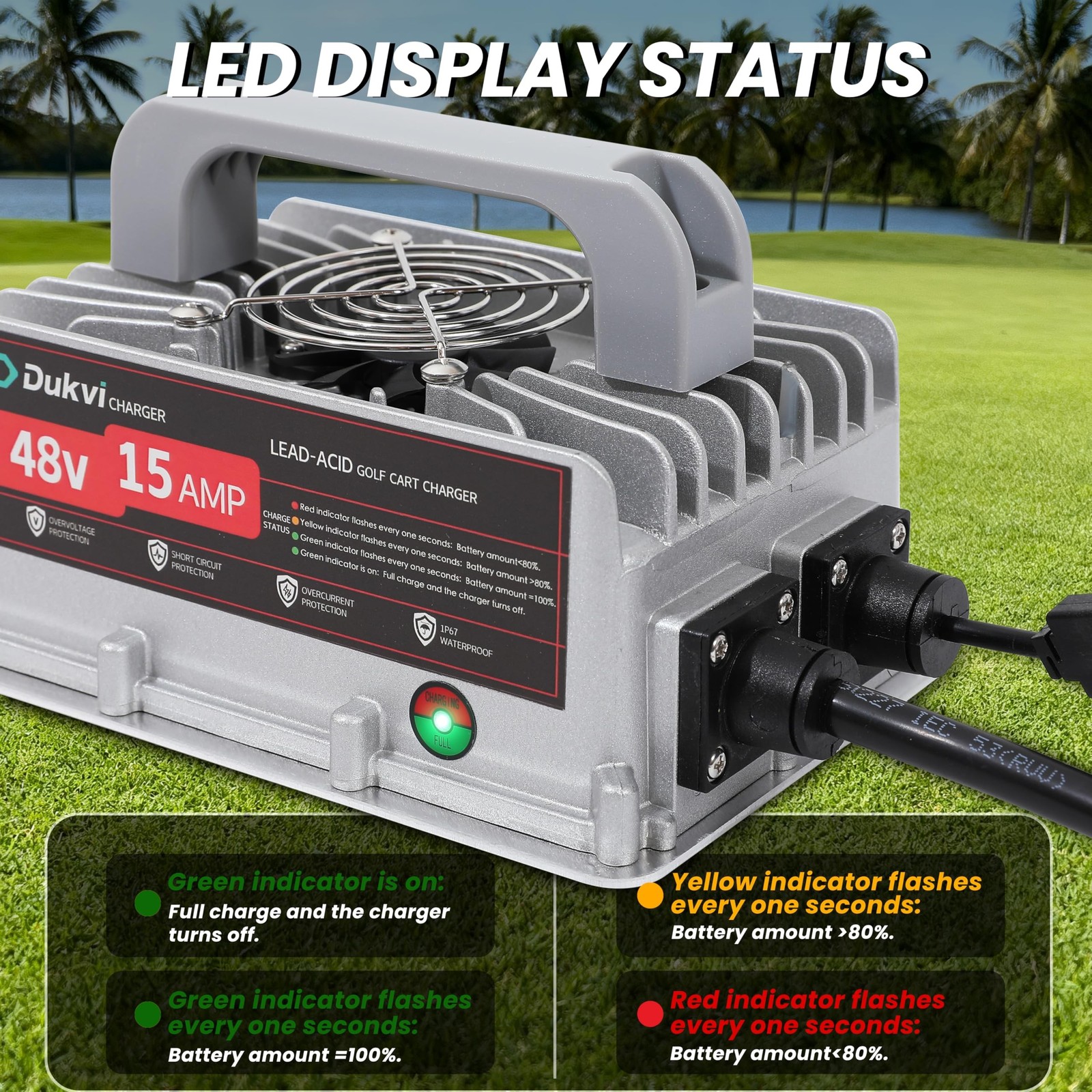 48V 15A Golf Cart Battery Charger for Club Car 3-Pin Round Plug,Smart Charger…
