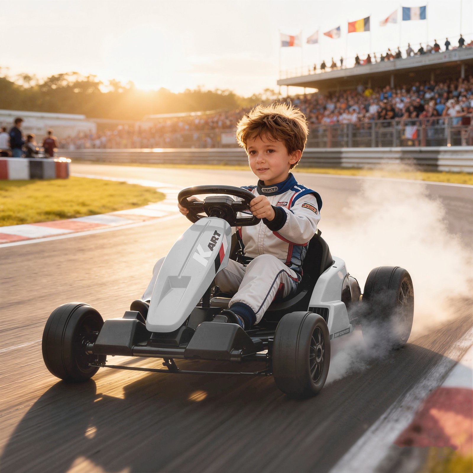 24V Electric Go Kart, Kids Drift Kart with Dual 150W Motors, White
