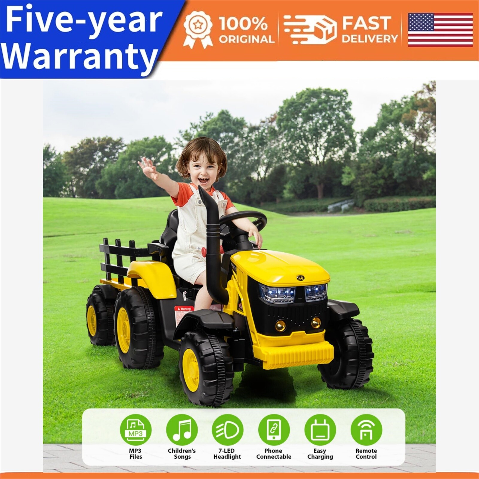 Electric Kids Ride-On Tractor with Trailer Dual Motors Led Lights Music Mode