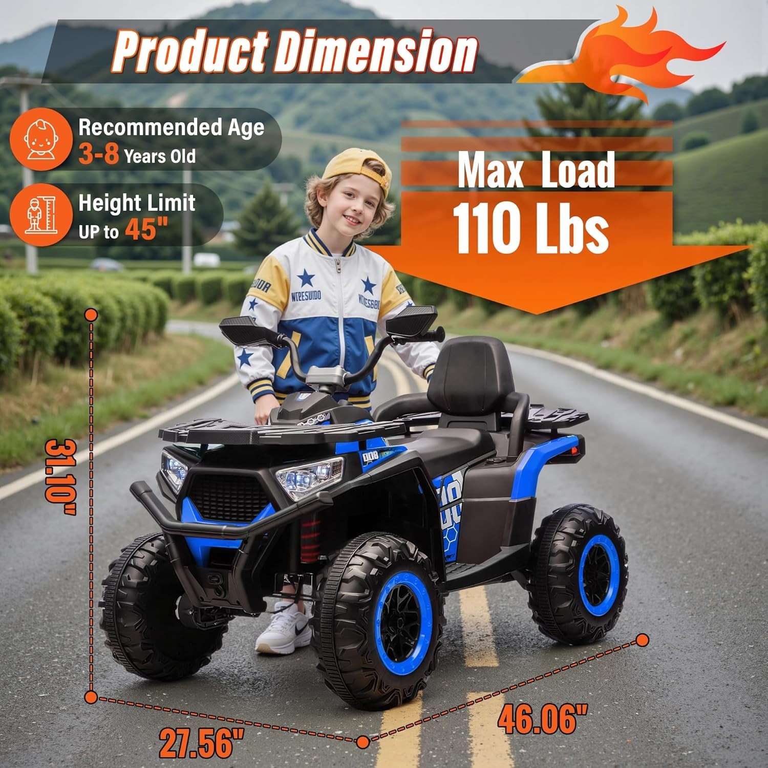 24V 4×4 Kids ATV 2-Seater 4x200W Bluetooth Ride On 4 Wheeler w/ Kneepads Black