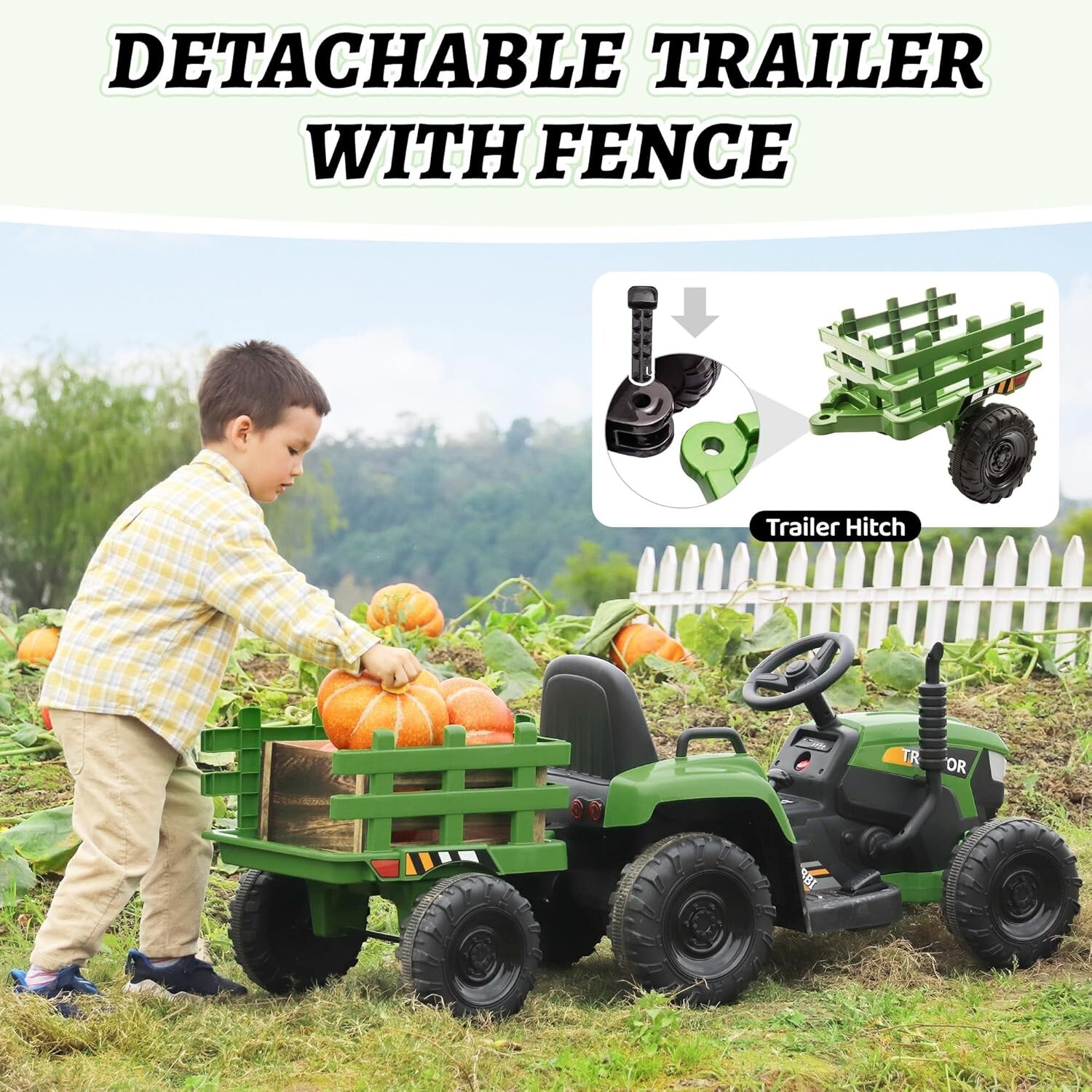 TOBBI 12V Kids Ride On Tractor Battery-Powered Toy with Trailer 35W Dual Motors