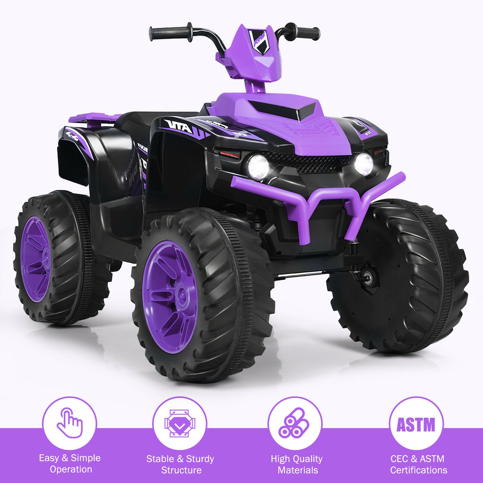 12V Electric Kids Ride On Car ATV 4-Wheeler Quad w/ Music LED Light Purple