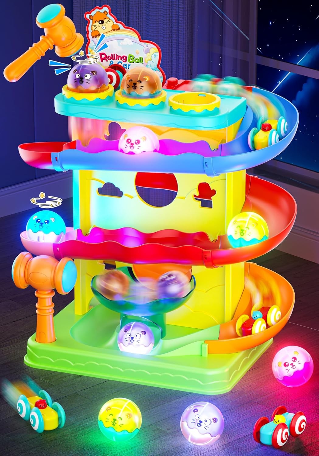 2-in-1 Light Up Rolling Ball & Racing Car Ramp Toddler Toy Race Track Hammer