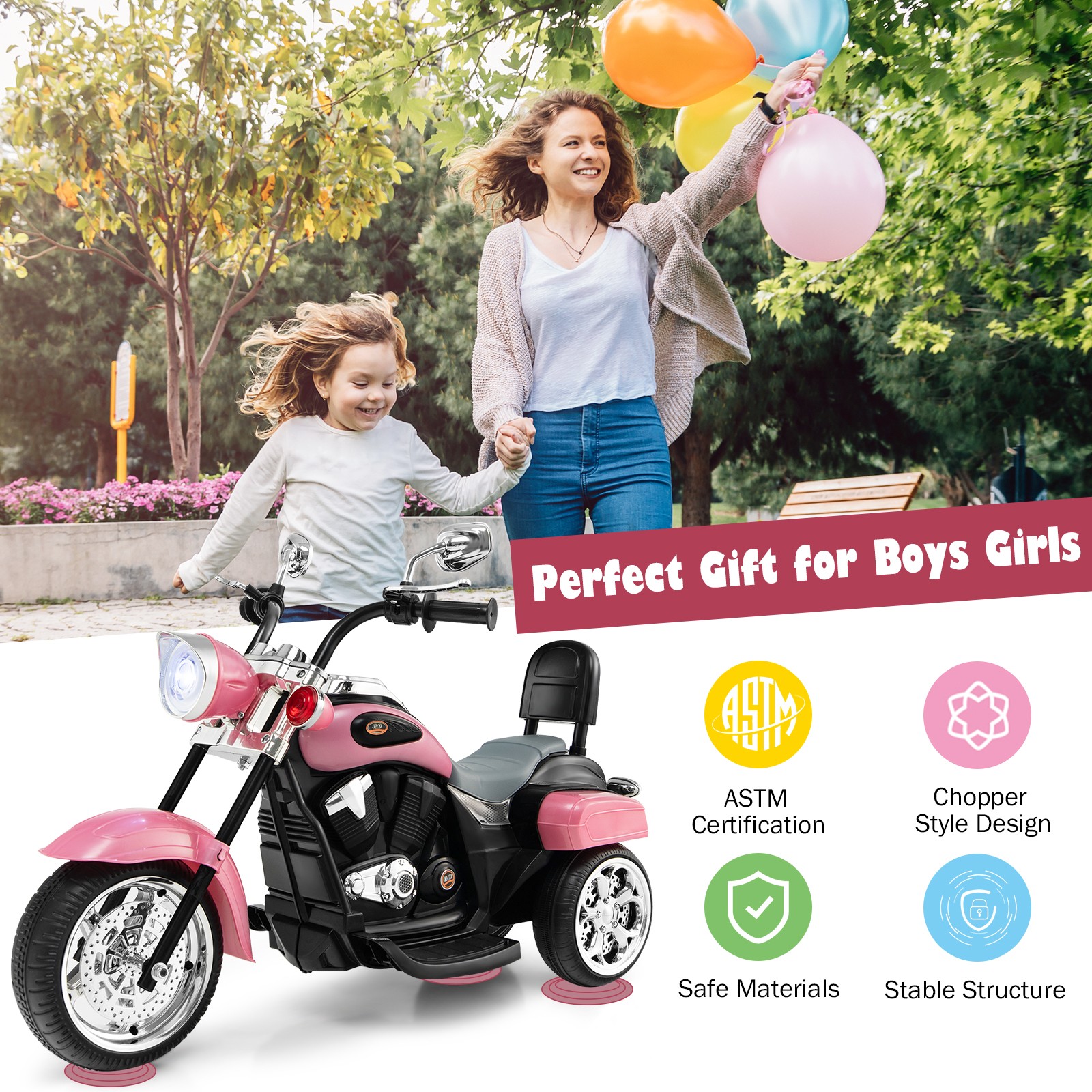 6V Kids Ride On Chopper Motorcycle 3 Wheel Trike with Headlight and Horn Pink