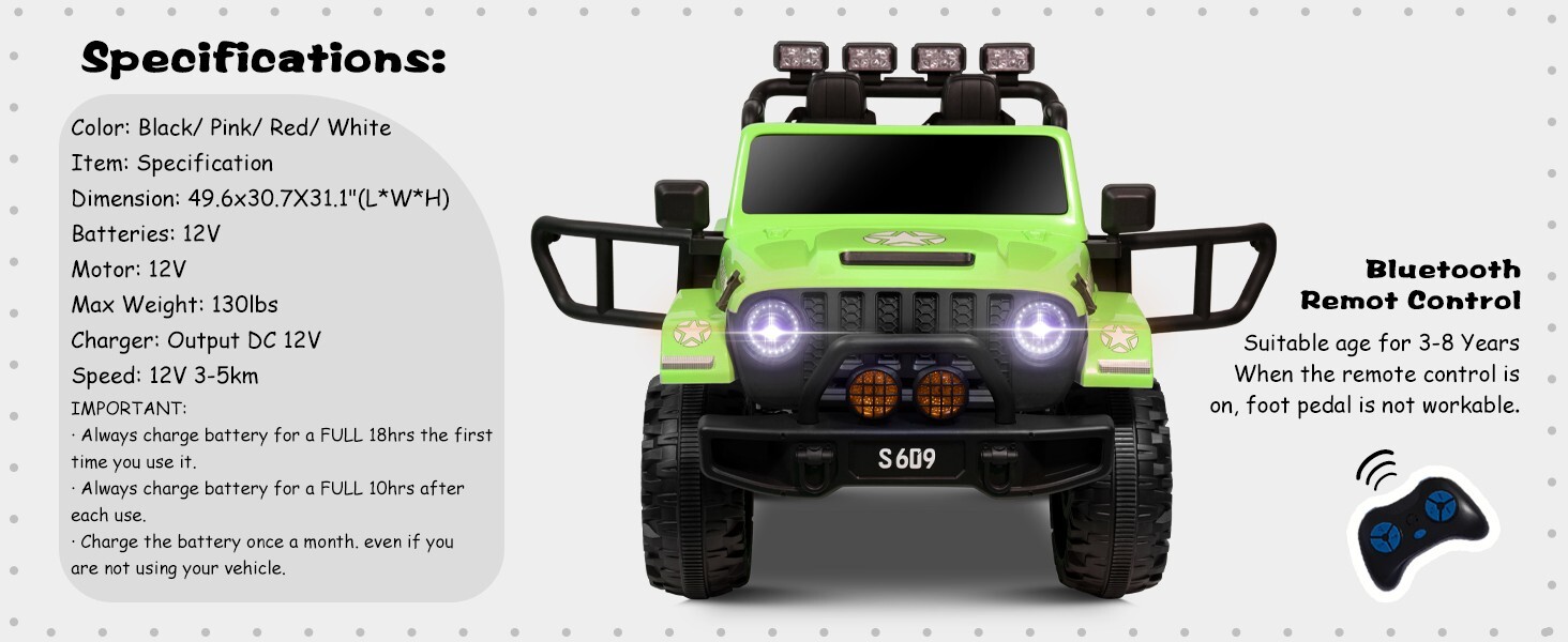 ZEOPHOL Ride On Truck Jeep 12V Electric Kids Toys Car 2 Seater 3 Speeds Green