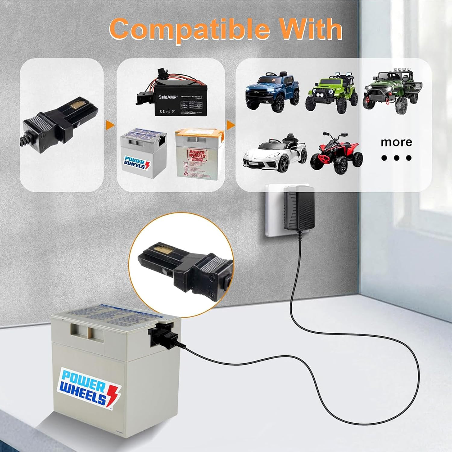 12V Battery Charger for Power Wheels Charger for Power Wheel Gray, Orange Top Ba