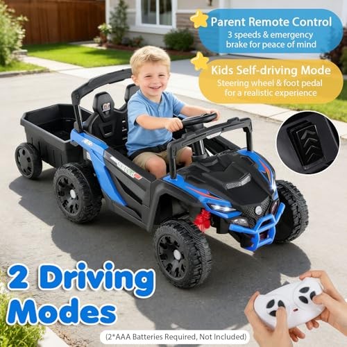 Kids Ride On UTV Car with Detachable Trailer – 12V Battery – Blue with Trailer