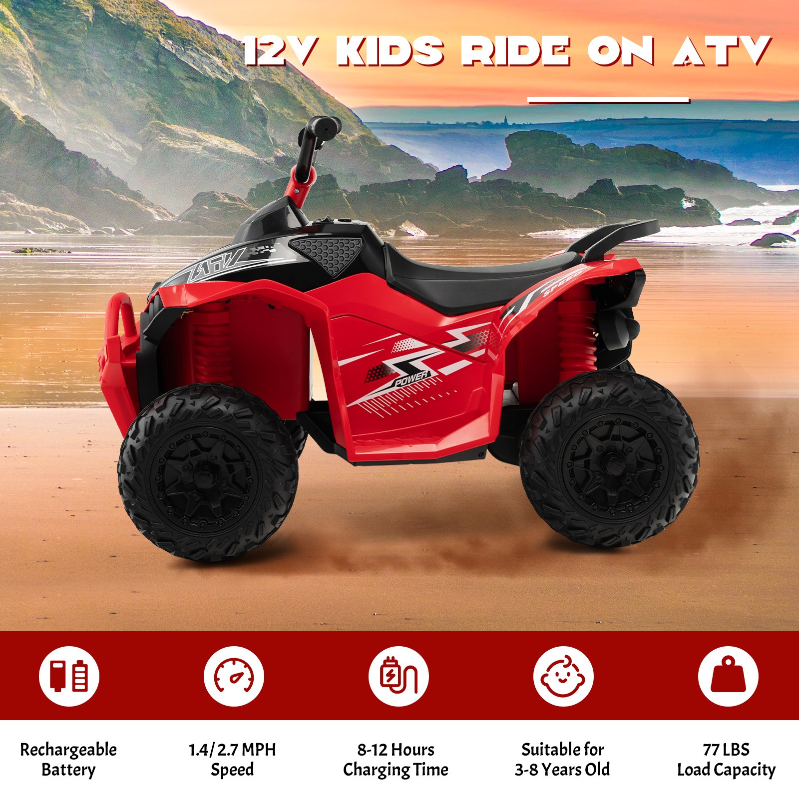 12V Battery Powered Kids Ride-on ATV w/ Bright Headlights & Built-in Music Red