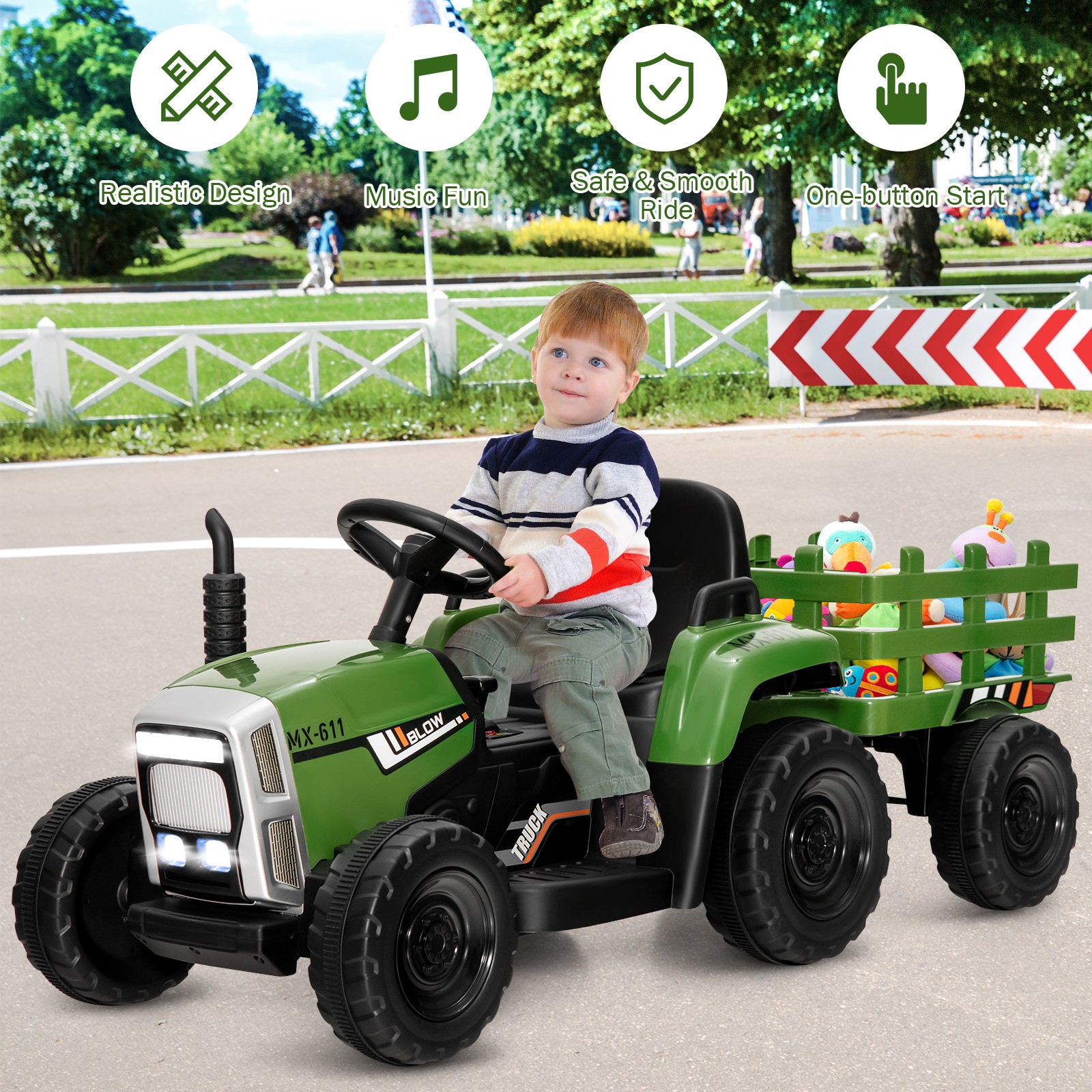 12V Kids Ride On Tractor with Trailer Ground Loader w/ RC & Lights Dark Green
