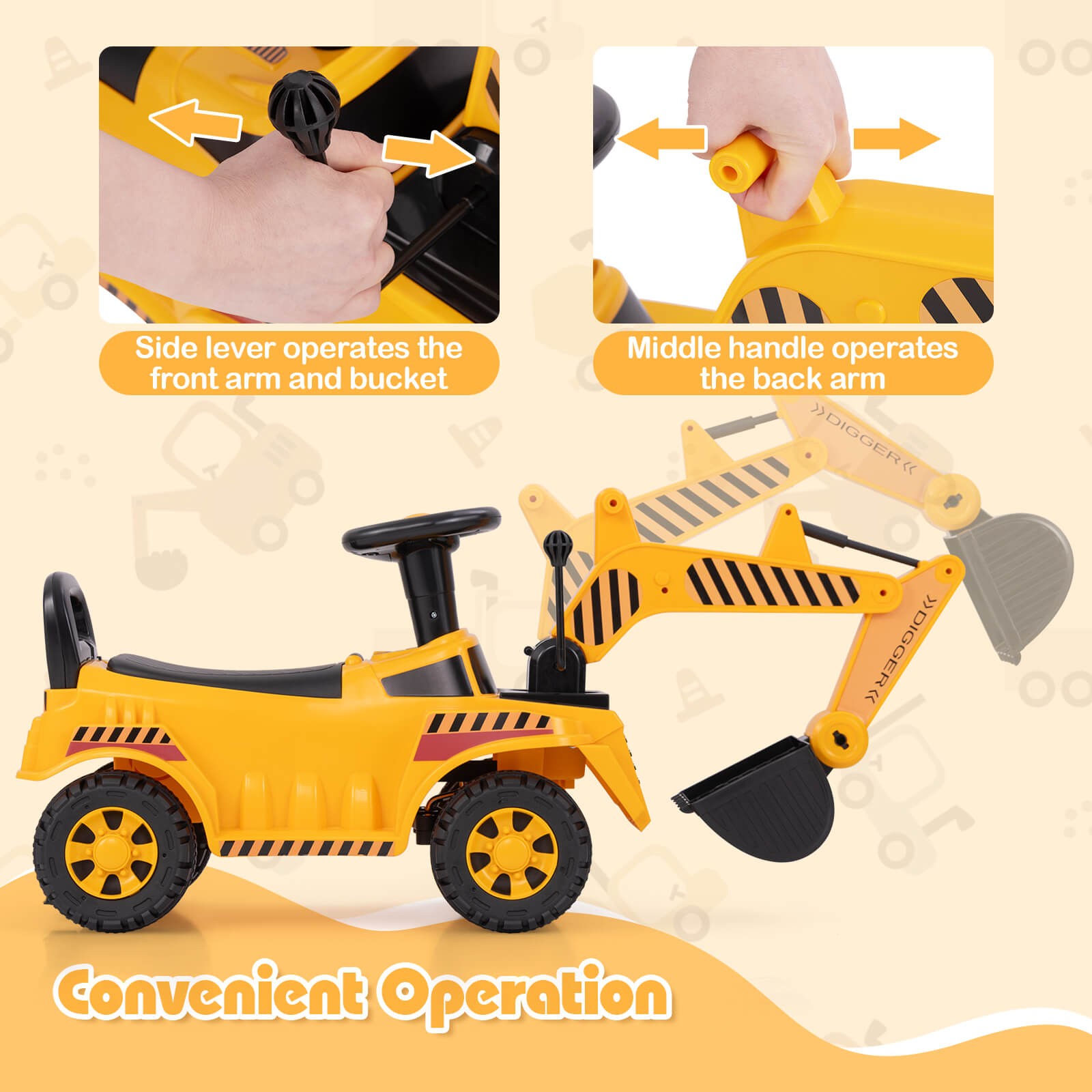Kids Ride on Excavator with Adjustable Shovel Anti-Tipping Block Engine Sound