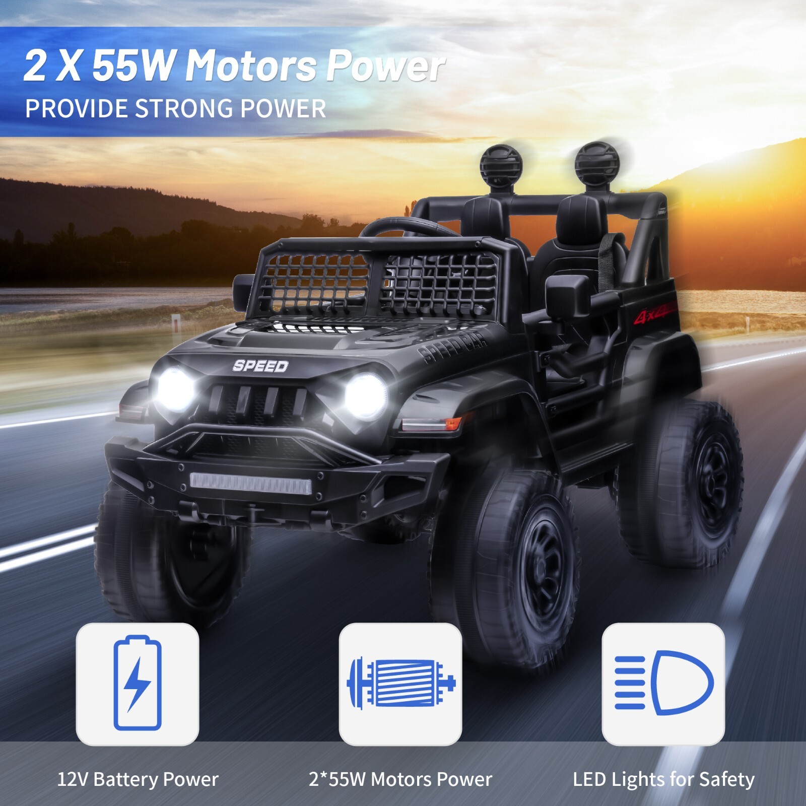 Black 12V Kids Car Power Wheels Ride-on Truck Vehicle w/Remote Control LED Light