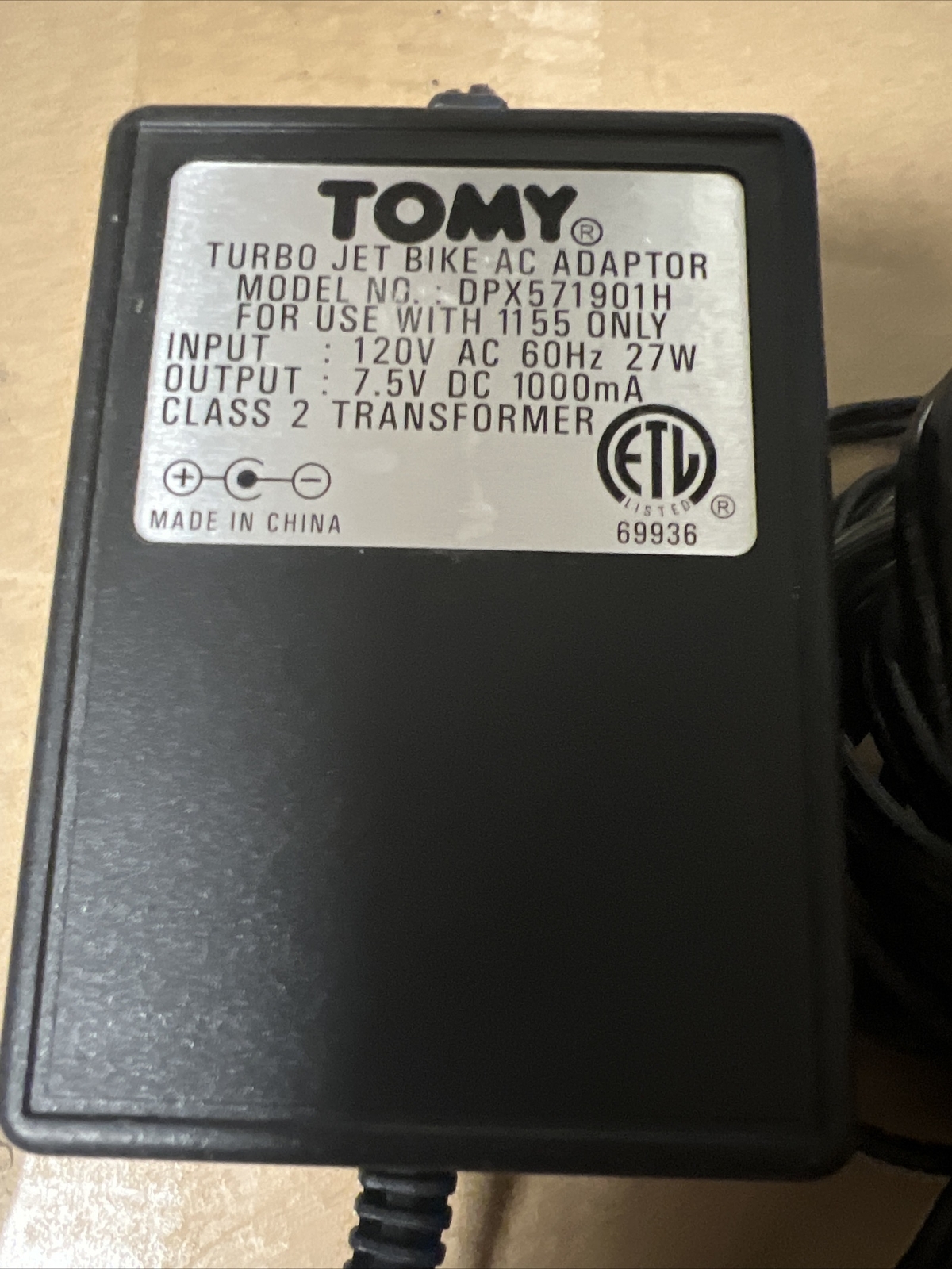 Tomy Turbo Jet Bike Ac Adaptor 120v 60hz Power Cord