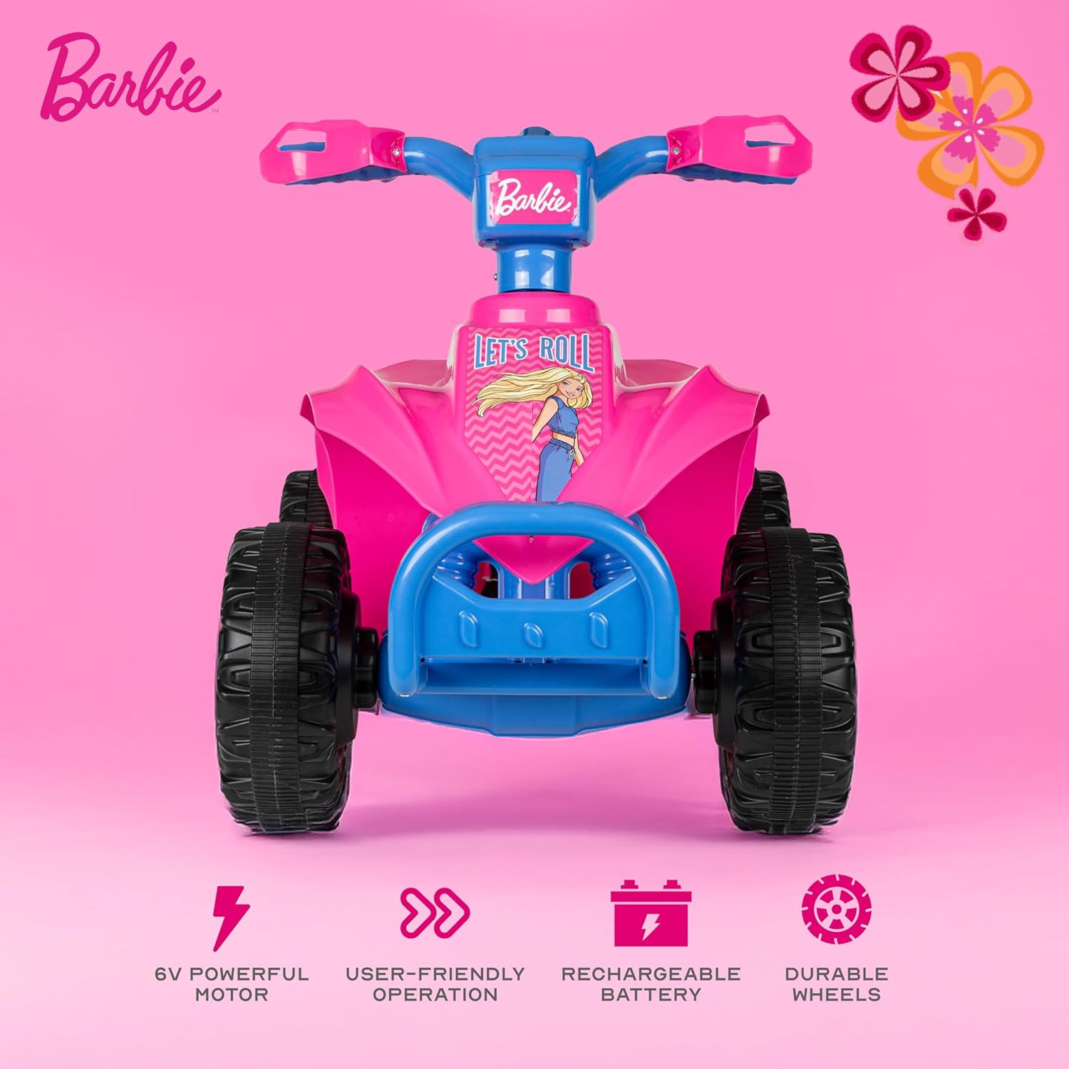 Barbie – 6V ATV Quad for Kids, Powerful and Safe Ride-On Toy with Rechargeable B
