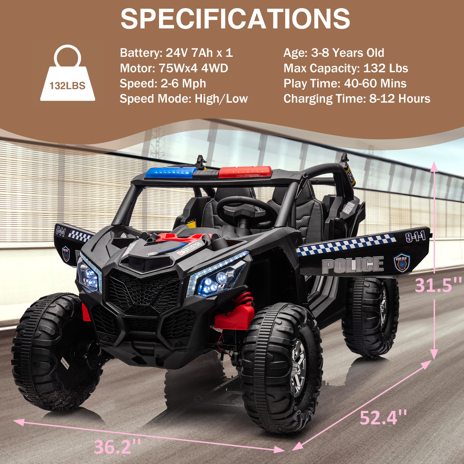 24V 2 Seater Kids Ride On UTV Car W/Remote Control,4WD Powerful Electric Vehicle