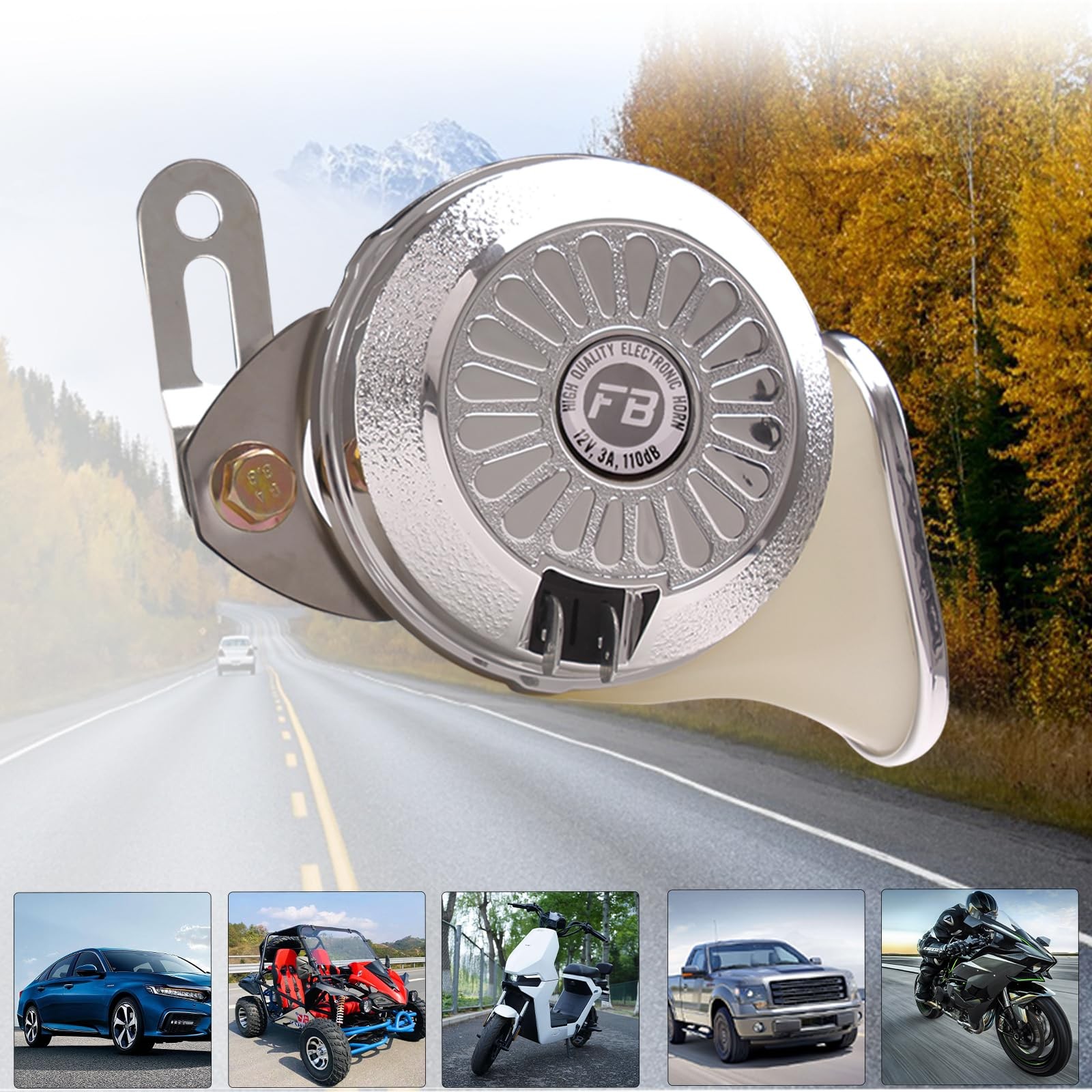 12V Car Horn, 3 Variable Sounds, Chrome Silver Digital, Motorcycle, Electric