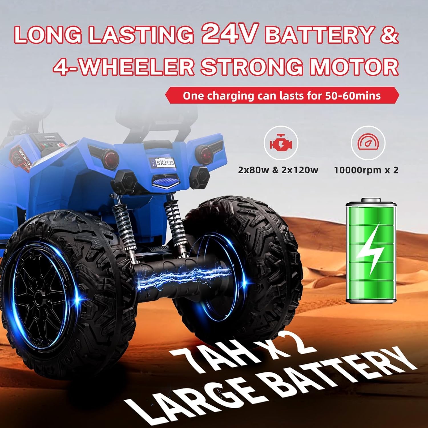 Kids Electric Quad, 2-Seater 4WD, 5MPH Max Speed with Music & LEDs for Ages 3-8