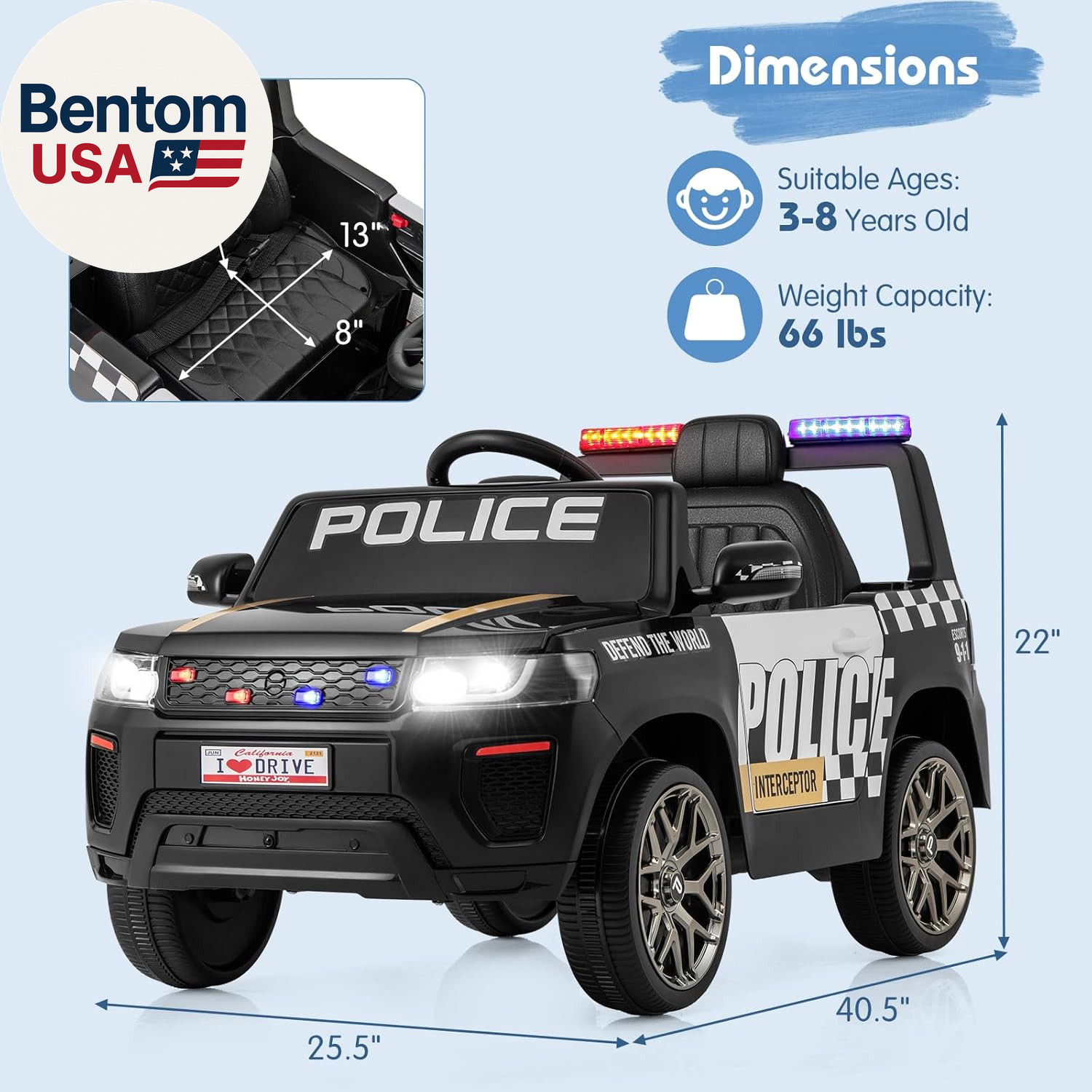 Police Car Ride On, 12V Battery Powered Toy Cop Cars W/Remote Control, LED Flash