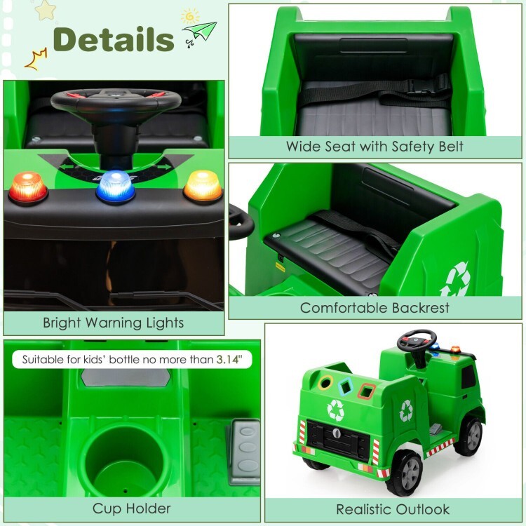 12V Battery Ride On Toy Recycling Garbage Truck Gift Kids With Warning Lights