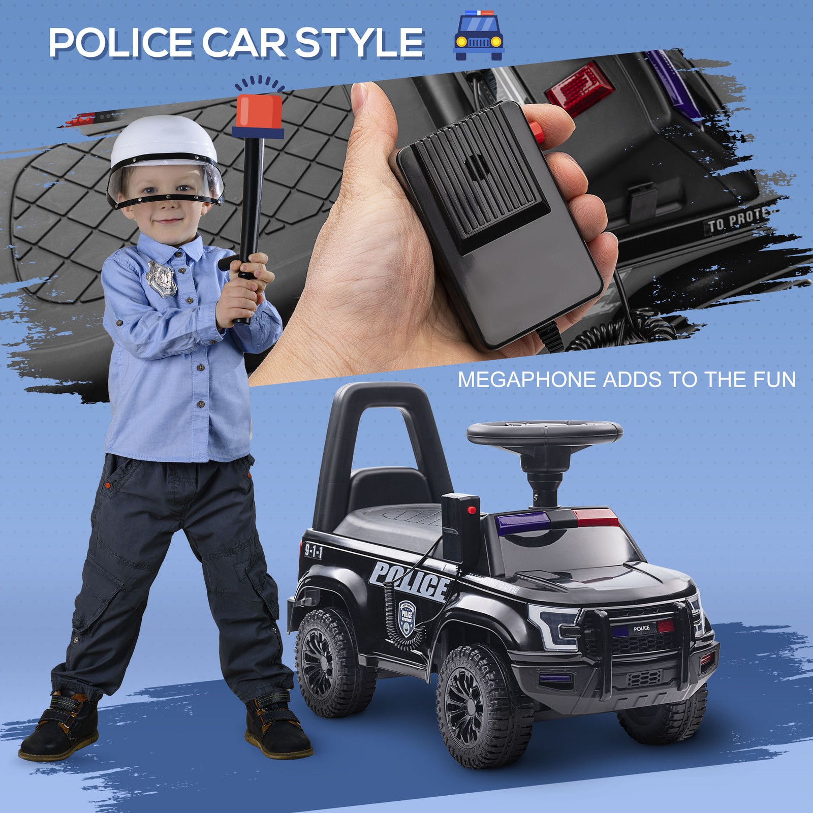Kids Push Ride On Police Car W/ Horn, for 18 Months – 5 Years Old, Black