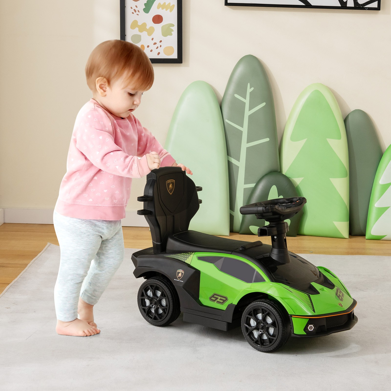 3-in-1 Licensed Lamborghini Ride on Push Car Stroller Sliding Car w/ Sound Green