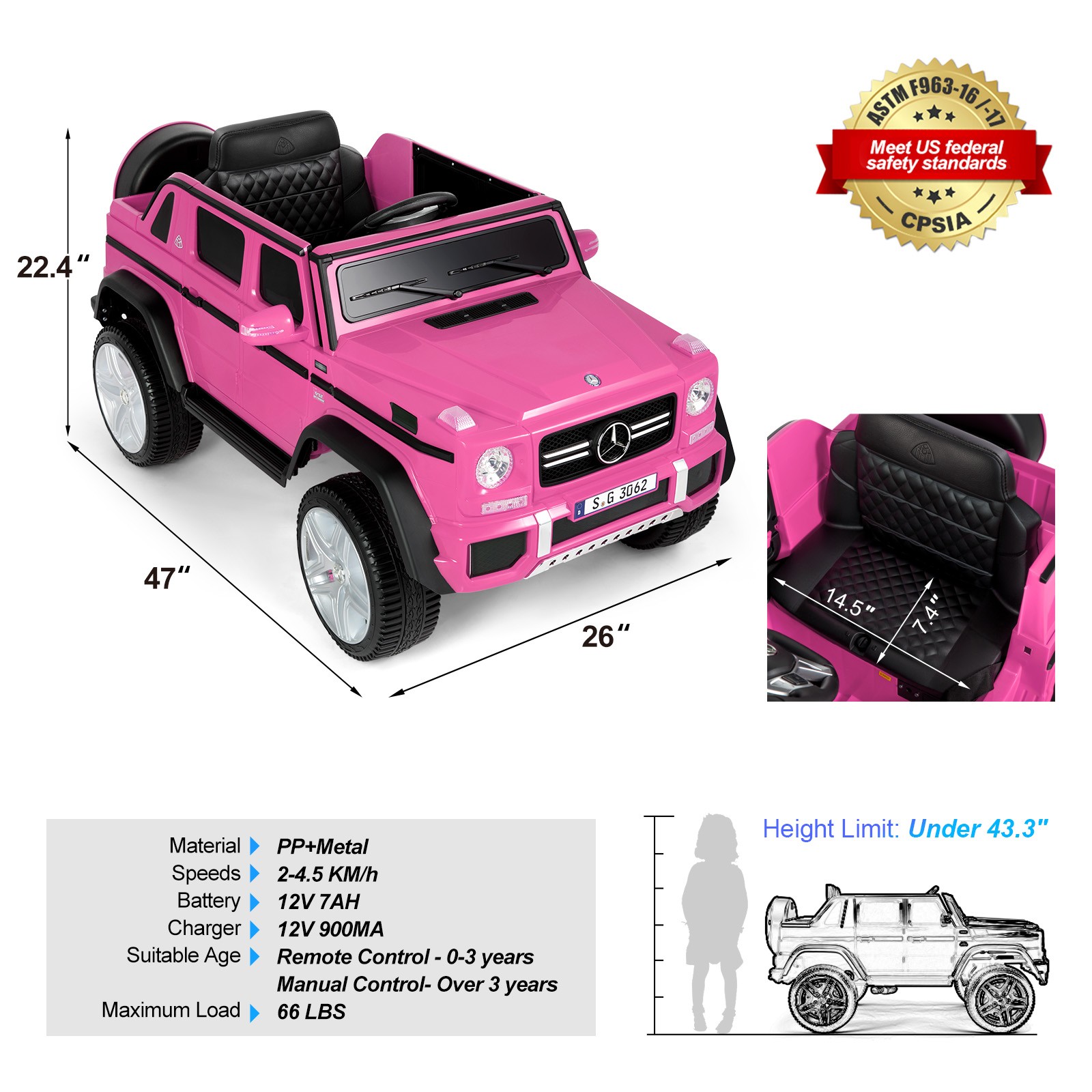 JOYLDIAS Electric 12V Kids Ride On Mercedes-Benz Car w/3 Speeds,LED,Remote,Pink